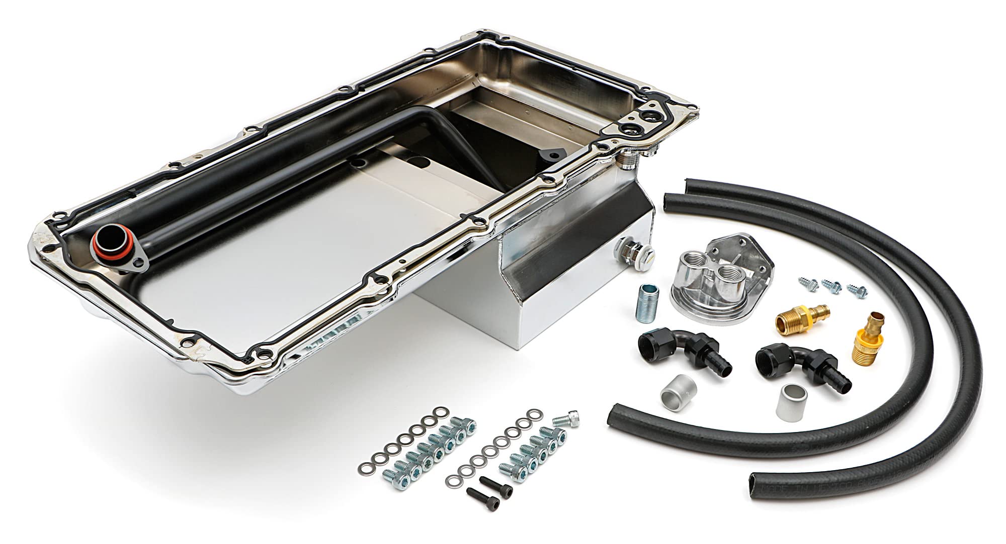 LS SWAP OIL PAN/FILTER RELOCATION KIT; TRANS-DAPT PERFORMANCE; SINGLE FILTER; VERTICAL PORT; CHROME PAN (0183)
