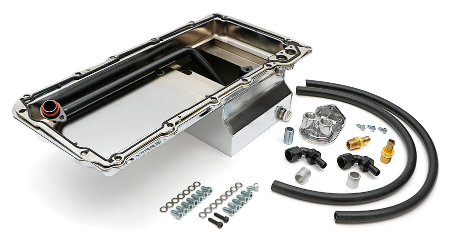 LS SWAP OIL PAN/FILTER RELOCATION KIT; TRANS-DAPT PERFORMANCE; SINGLE FILTER; VERTICAL PORT; CHROME PAN (0183)