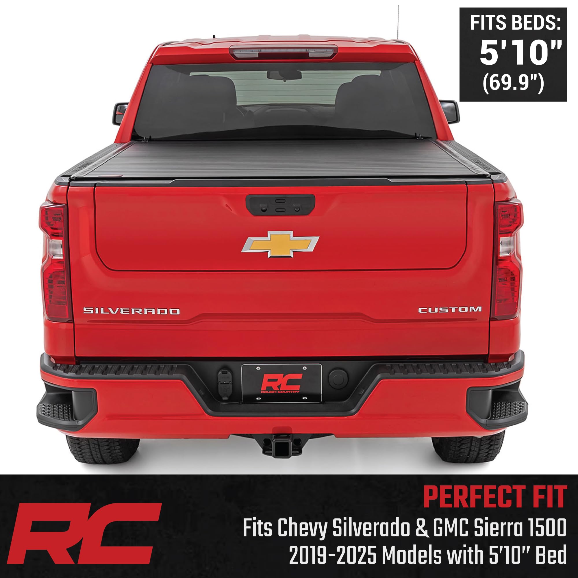 Rough Country Tonneau Cover Hard Roll-Up for Chevy Silverado & GMC Sierra 1500 (2019-2026) - Aluminum Truck Bed Cover, Fits 5'10 Bed Short Bed