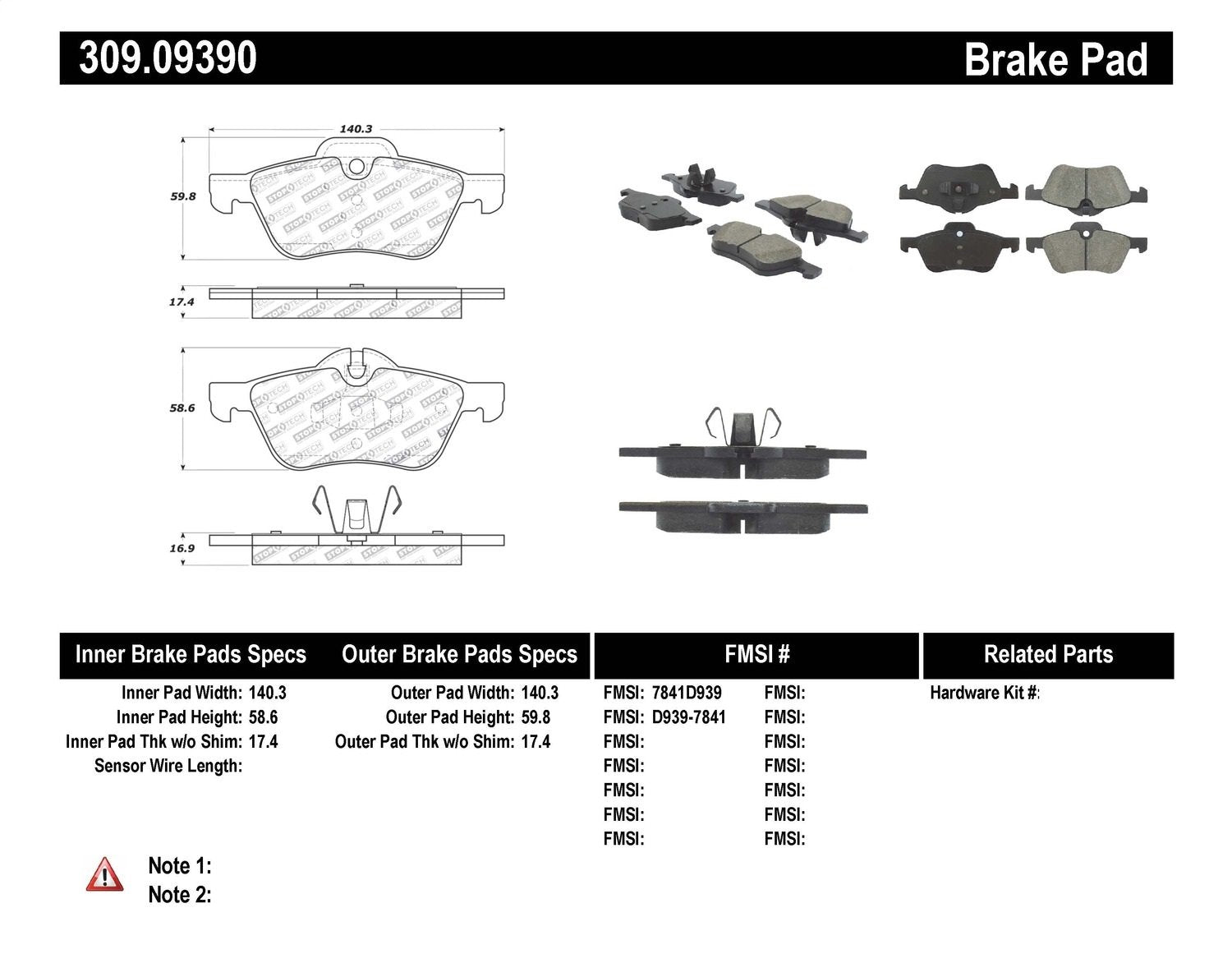 Sport Brake Pads StopTech 309.09390 with Shims and Hardware