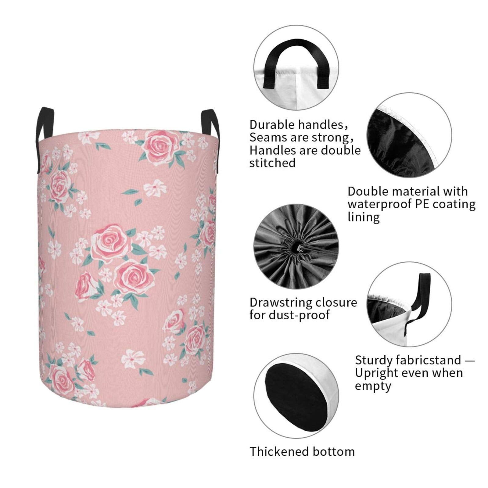 Romantic Shabby Chic Style Large Storage Baskets Inspired Flowers With Little Roses Lilacs Artwork1,Drawstring Waterproof Round Collapsible Laundry Hamper for Dirty Clothes Toy Home Office 19"X14"