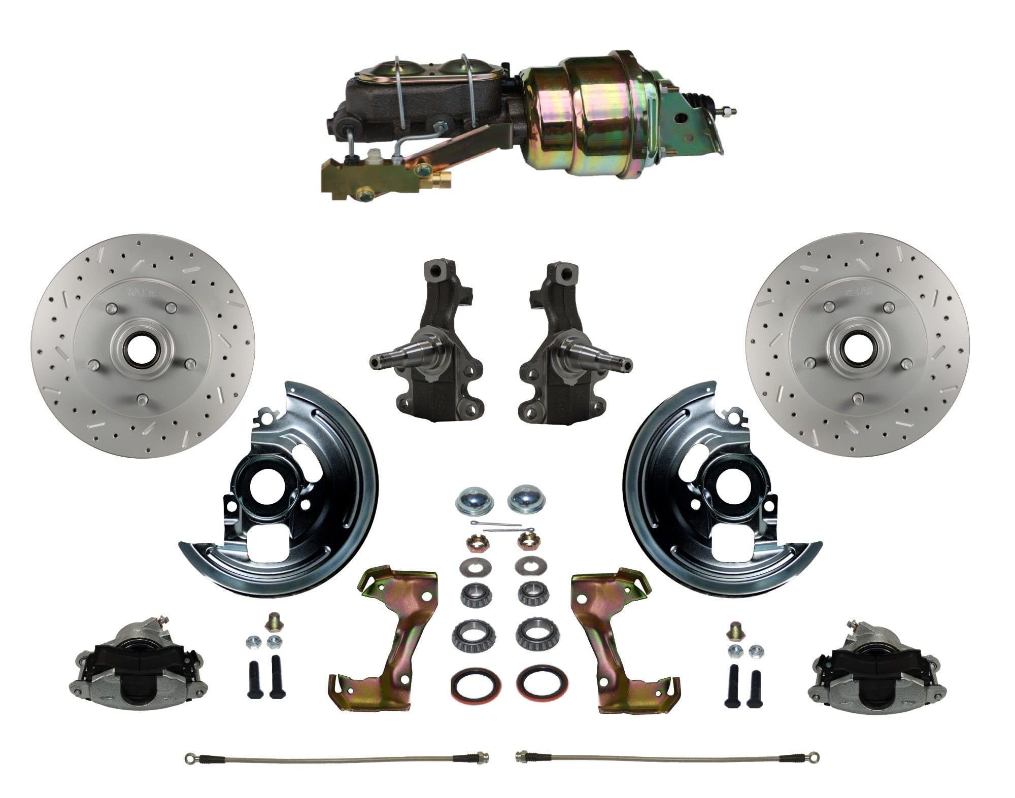Power Front Disc Brake Conversion Kit Leed Brakes 2" Drop Spindles Cross Drilled And Slotted Rotors With 7" Dual Zinc Booster Cast Iron M/C Disc/Drum Side Mount