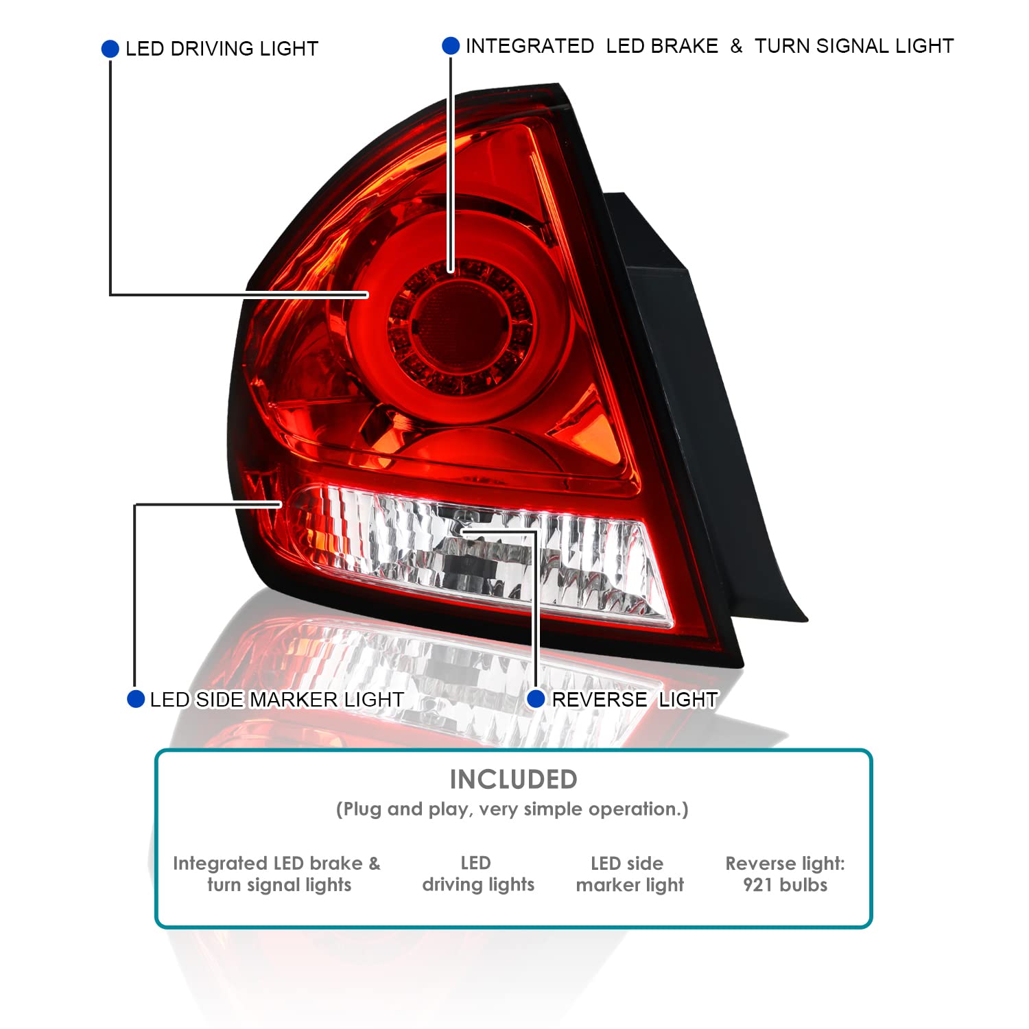 Spec-D Tuning LED Bar Tail Lights Red Lens Compatible with 2006-2013 Chevy Impala, 2014-2016 Chevy Impala Limited Left + Right Pair Assembly