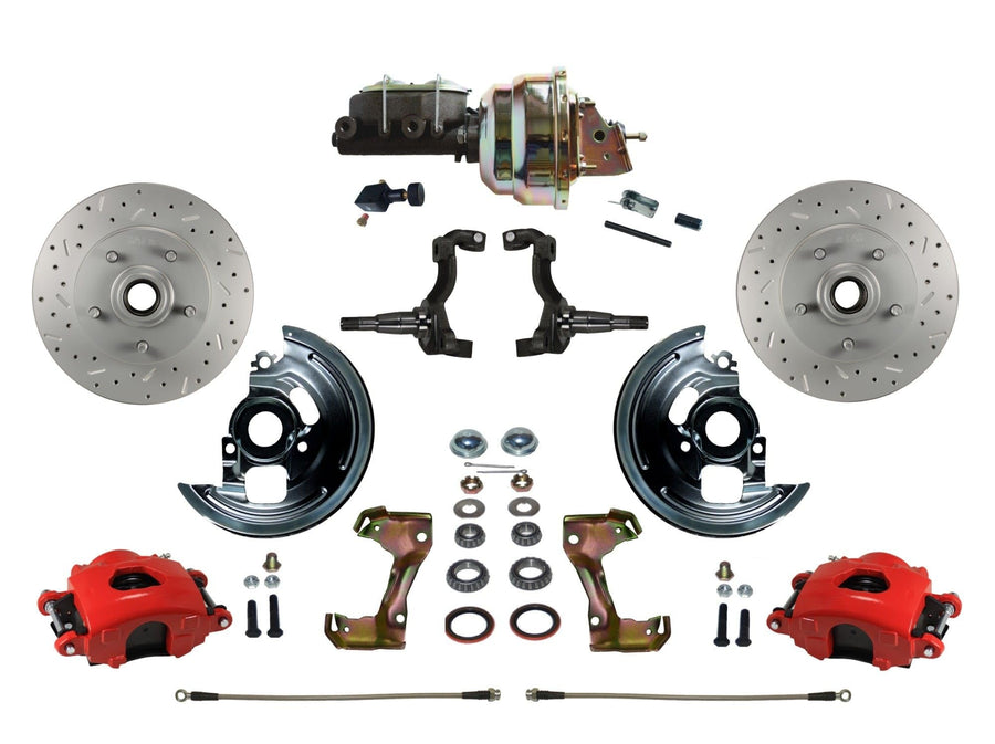Power Front Disc Brake Kit LEED BRAKES Drilled And Slotted Rotors Red Powder Coated Calipers With 8" Dual Booster Adjustable Proportioning Valve