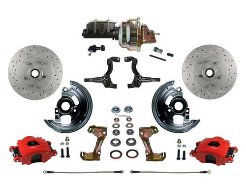 Power Front Disc Brake Kit LEED BRAKES Drilled And Slotted Rotors Red Powder Coated Calipers With 8" Dual Booster Adjustable Proportioning Valve