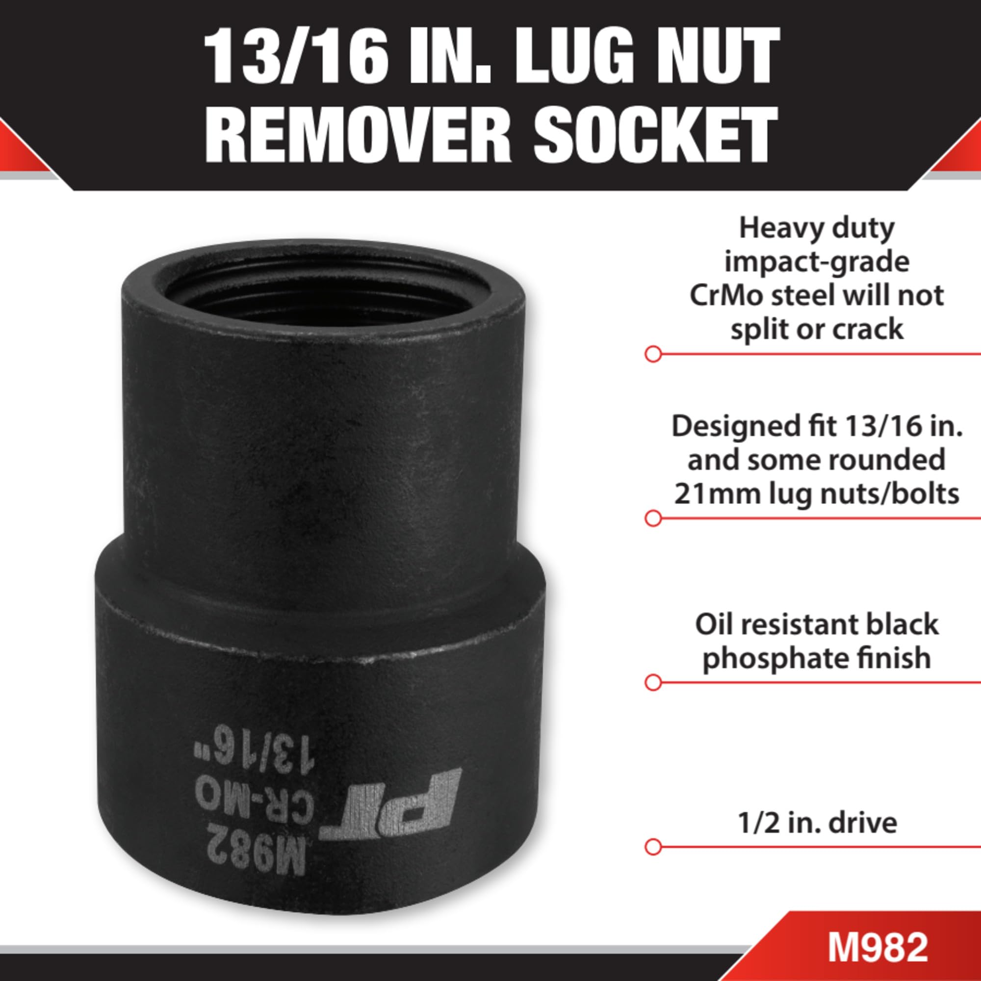 Heavy Duty Performance Tool M982 CrMo Steel Impact-Grade Lug Nut Remover with Oil Resistant Finish - Fits 13/16 & Rounded 21mm Bolts