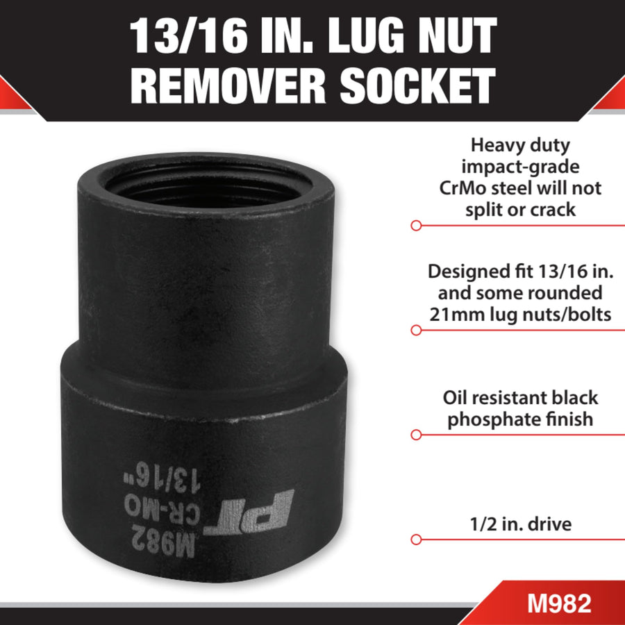 Heavy Duty Performance Tool M982 CrMo Steel Impact-Grade Lug Nut Remover with Oil Resistant Finish - Fits 13/16 & Rounded 21mm Bolts