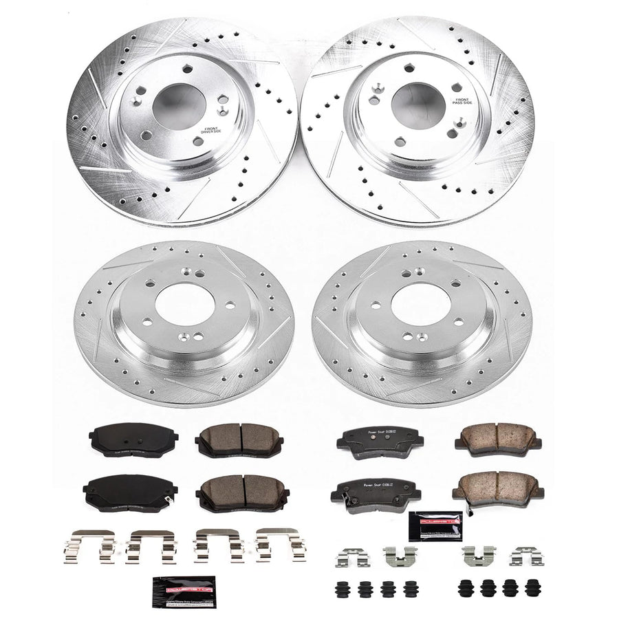 Power Stop K7523 Z23 Carbon Fiber Brake Pads Front and Rear with Drilled & Slotted Brake Rotors Kit For Hyundai Sonata 2016-2019, Kia Optima 2018-2019 [Model Specific]