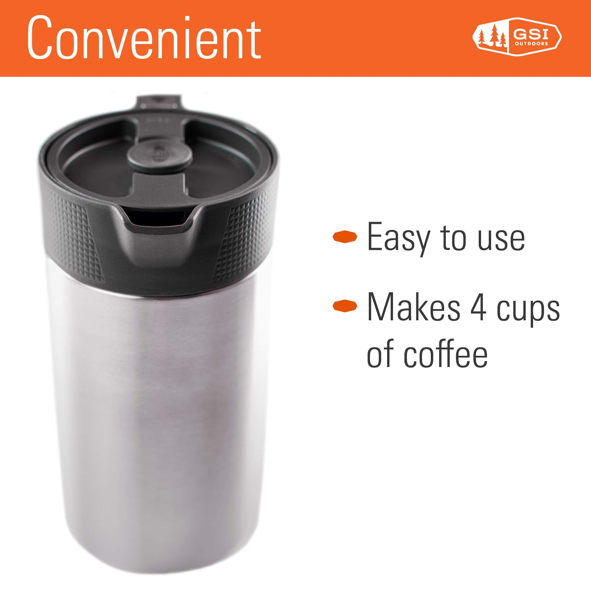 Glacier Stainless GSI Outdoors JavaPress, 30oz French Press Coffee Mug for Camping, Brushed