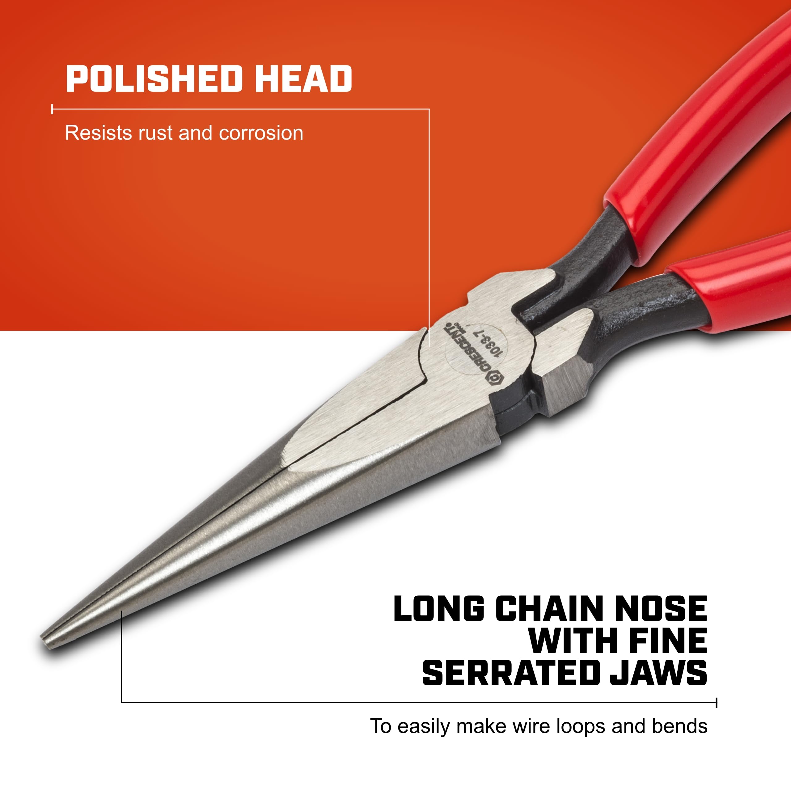 Crescent 7-1/2" Long Pliers Chain Nose - Needle-Nose Pliers for Bending, Gripping & Twisting - Long Reach Pliers with Serrated Jaws & Dipped Handle Grips - Resists Rust & Corrosion - 10336CVN