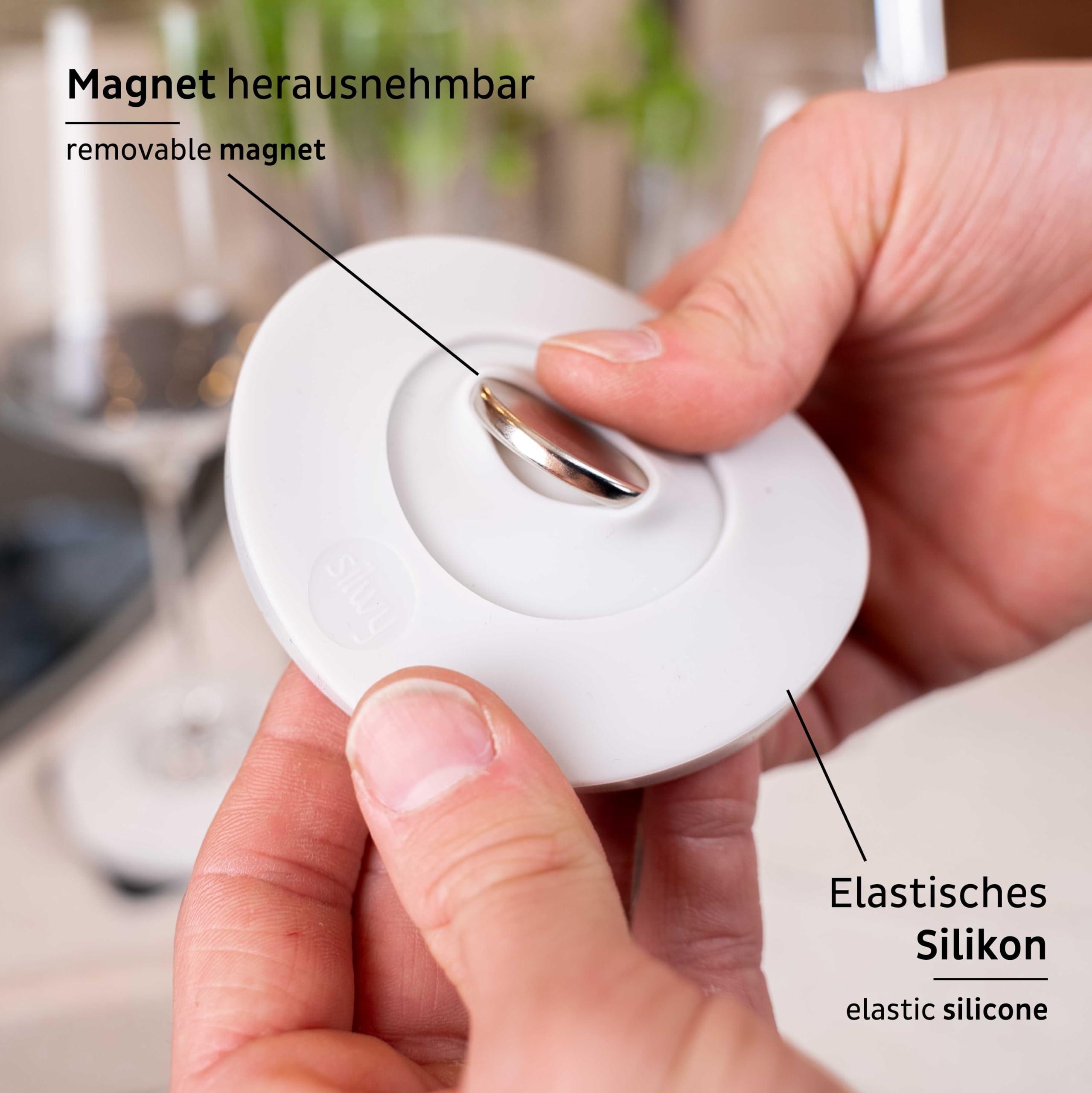 Magnetic Adapter silwy® for Stem Glasses with Metal Nano-Gel Pad – Retrofit Magnetic System for Wine Glasses, Champagne Flutes, and Pilsner Glasses – Includes 1 Magnetic Sleeve & 1 Pad