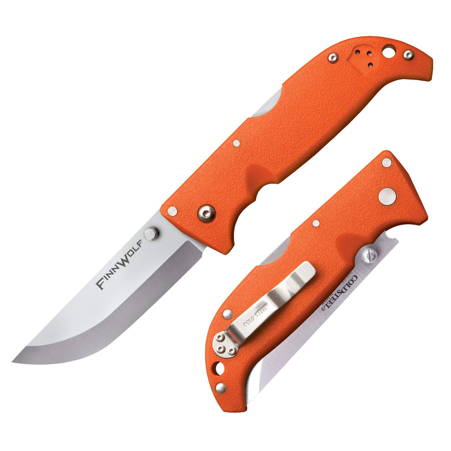 Cold Steel 3.5in Finn Wolf AUS8A Razor-Sharp Straight Back Blade 4.375in Griv-Ex Blaze Orange Handle Hunting Folding Knife, Boxed