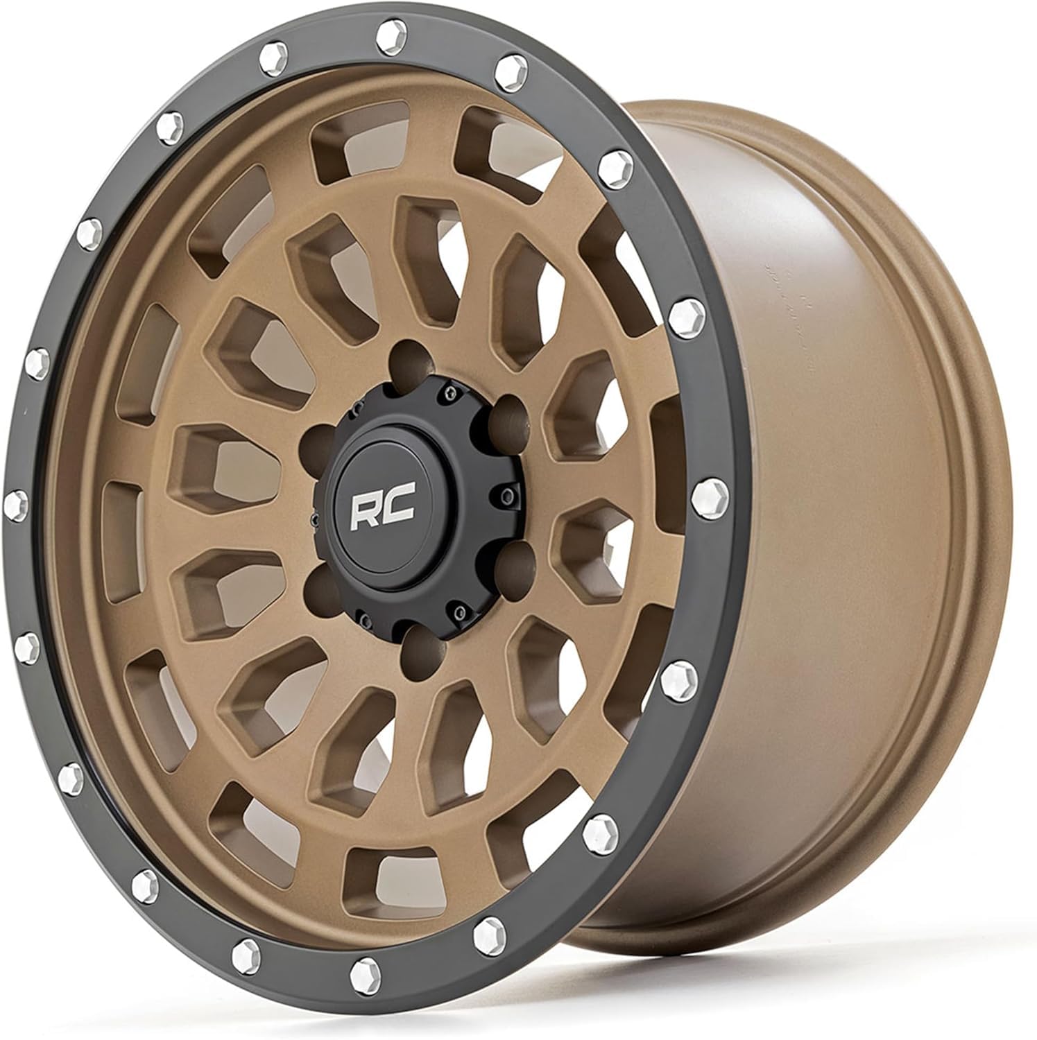 17x8.5" Rough Country 87 Series Bronze Aluminum Wheel with Black Ring & Simulated Beadlock - 6x5.5 Bolt Pattern, +0mm Offset, Durable One-Piece Rim for Trucks & Jeeps