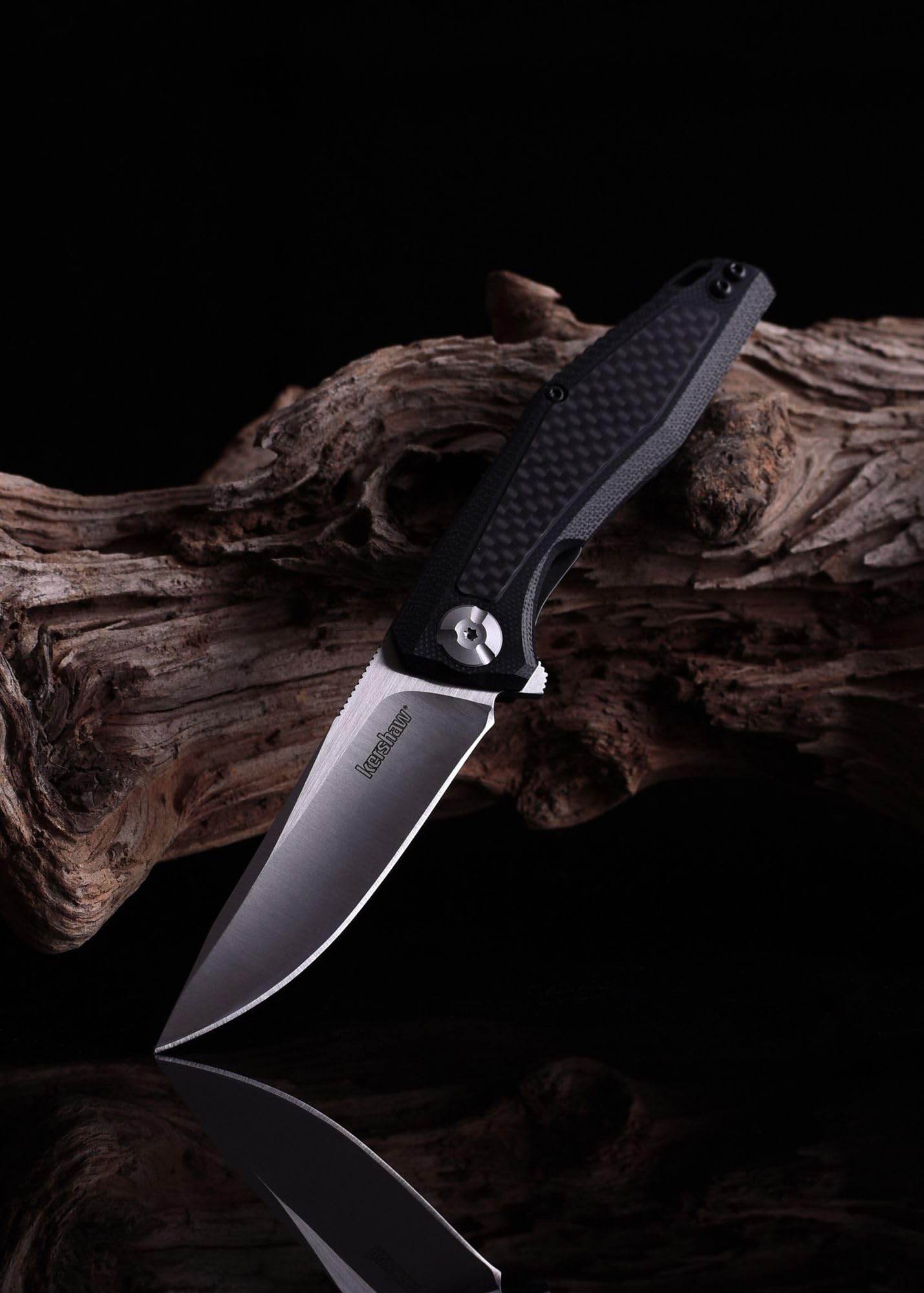 Atmos Kershaw Folding Pocketknife (4037); 3-in. 8Cr13MoV Stainless Steel Drop Point Blade; Black G10 Handle with Carbon Fiber; Inset Liner Lock; KVT Manual Open; Reversible Deep-Carry Pocketclip; 1 oz