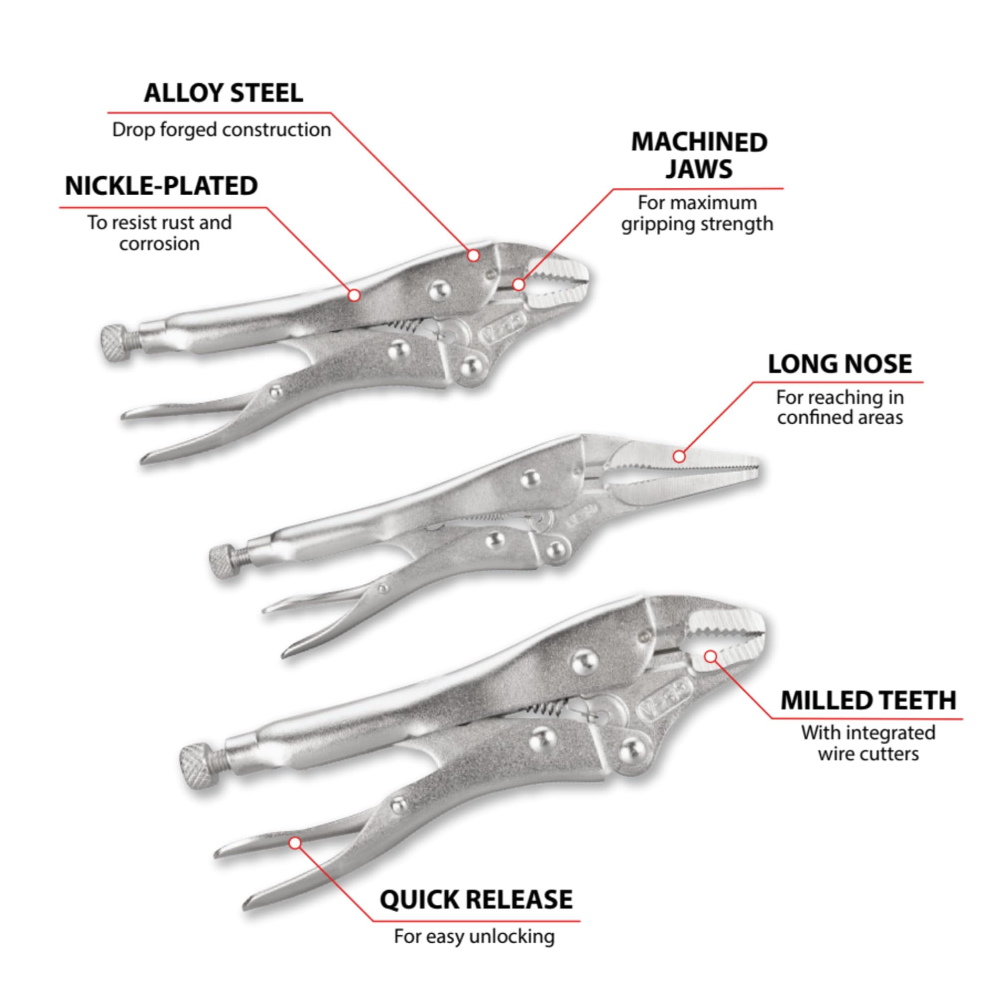 Performance Tool 3-Piece W1782 Locking Pliers Set, Wire Cutters, Heat-Treated Alloy Steel, Hardened Mill Teeth, Nickel Plating, Quick Release Levers, Includes Set of 5, 6, and 7-Inch Locking Pliers