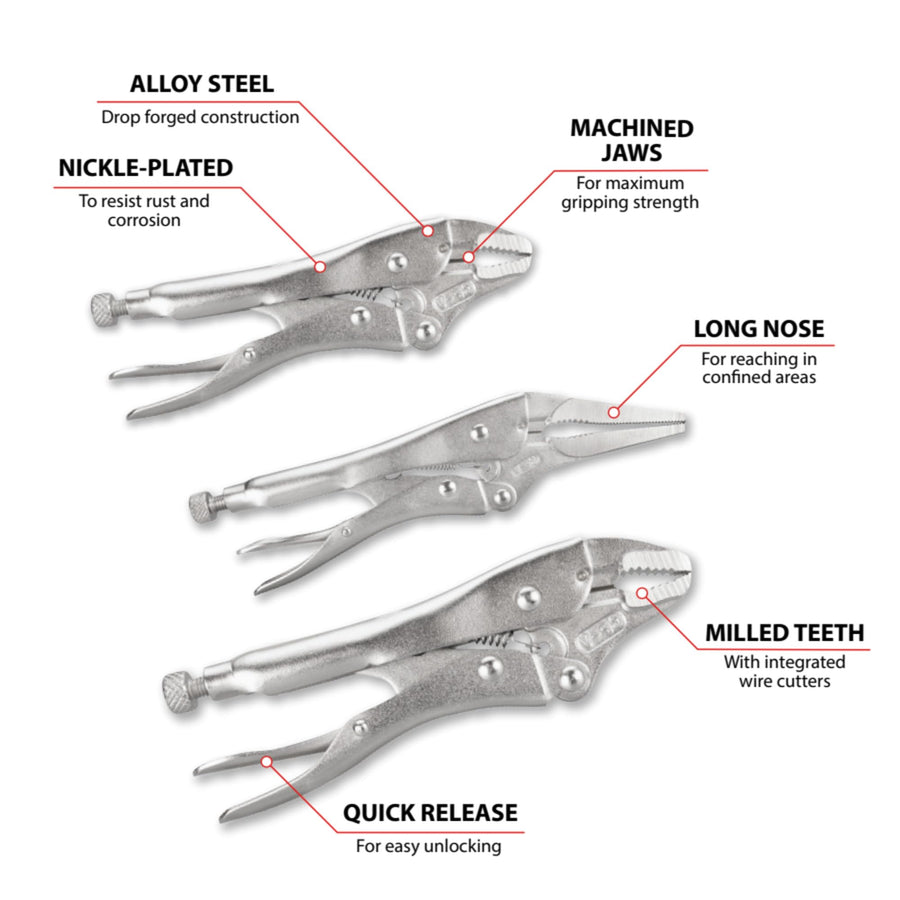 Performance Tool 3-Piece W1782 Locking Pliers Set, Wire Cutters, Heat-Treated Alloy Steel, Hardened Mill Teeth, Nickel Plating, Quick Release Levers, Includes Set of 5, 6, and 7-Inch Locking Pliers