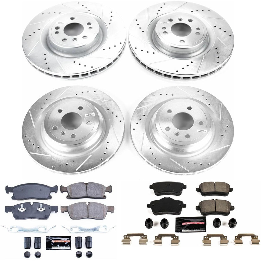 Power Stop K7437 Z23 Carbon Fiber Brake Pads Front and Rear with Drilled & Slotted Brake Rotors Kit and 1 Front & 1 Rear Sensor Wires For GLE300d, GLE350, GLE400, GLE, ML, ML350, M [Model Specific]