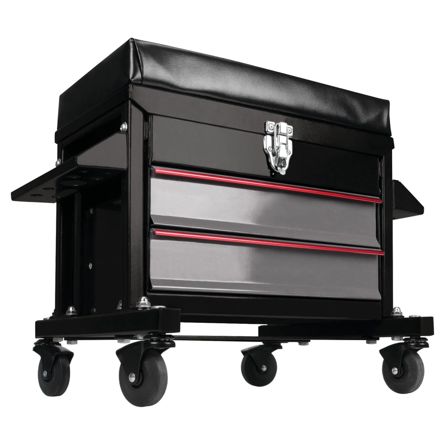 W85024 Performance Tool Drawer Creeper Rolling Work Seat with Tool Box for Mechanic Garages and Workshops, Black, 16x9-inch Seat