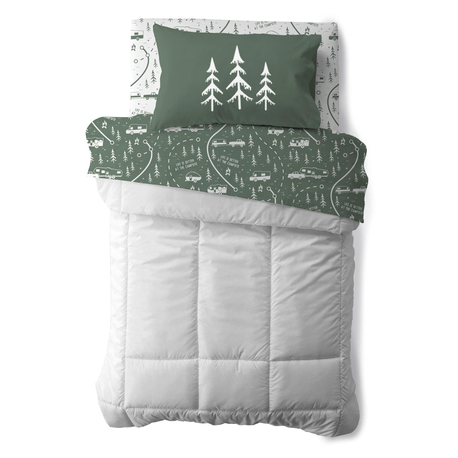 Camco Bunk Sized Bed Sheets at The Campsite Life is Better Camper/RV | Features Green & White Map Design | Crafted of Soft Machine Washable Polyester | 3-Piece Set (53477)