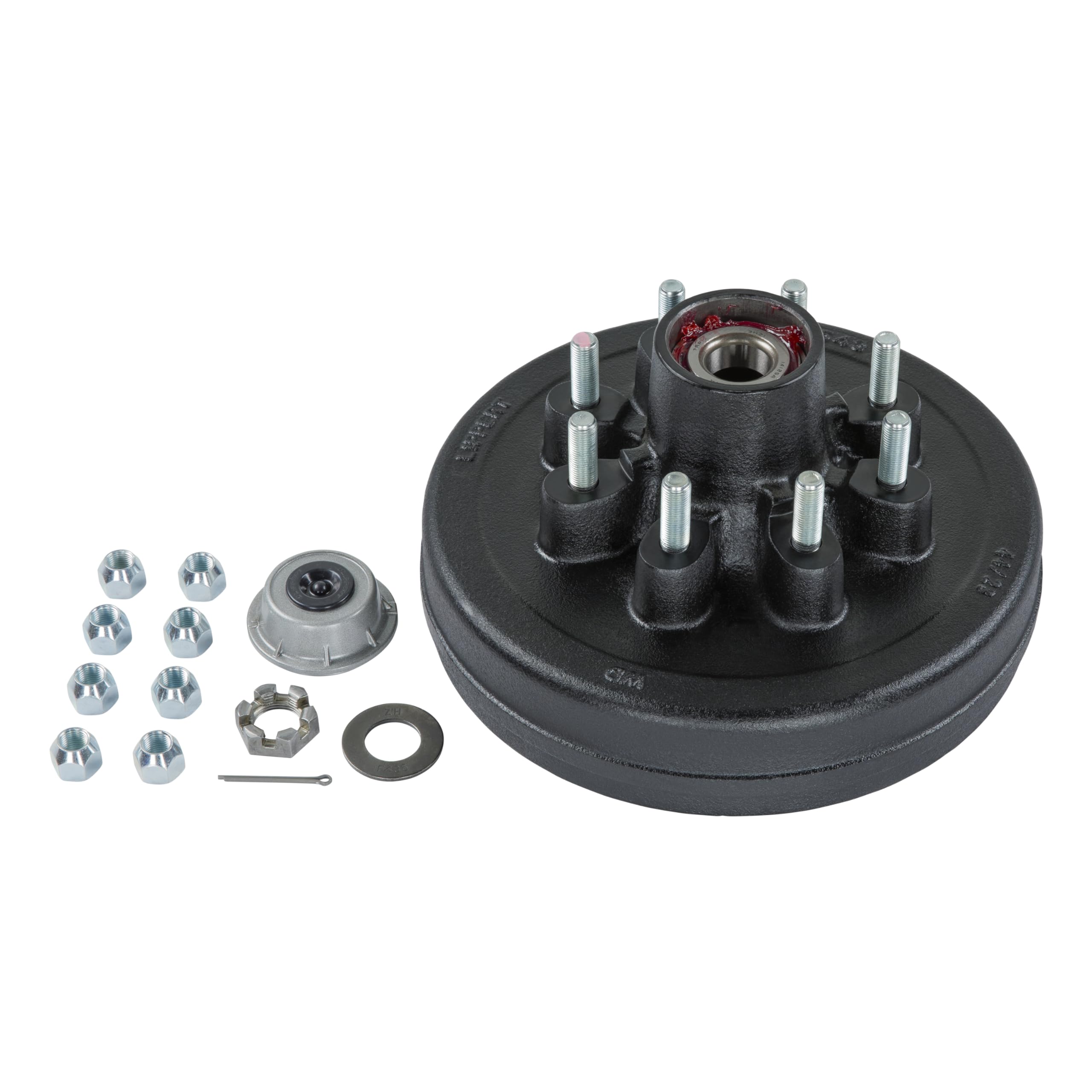 Lippert Pre-Greased Complete Hub Assembly Kit for 7,000-lb. Axle Hubs with Brake Hub Assembly, Dust Cap, Cotter Pin, 6-Slot Castle Spindle Nut, Round Spindle Washer, (8) 60° Cone Trailer Lug Nuts