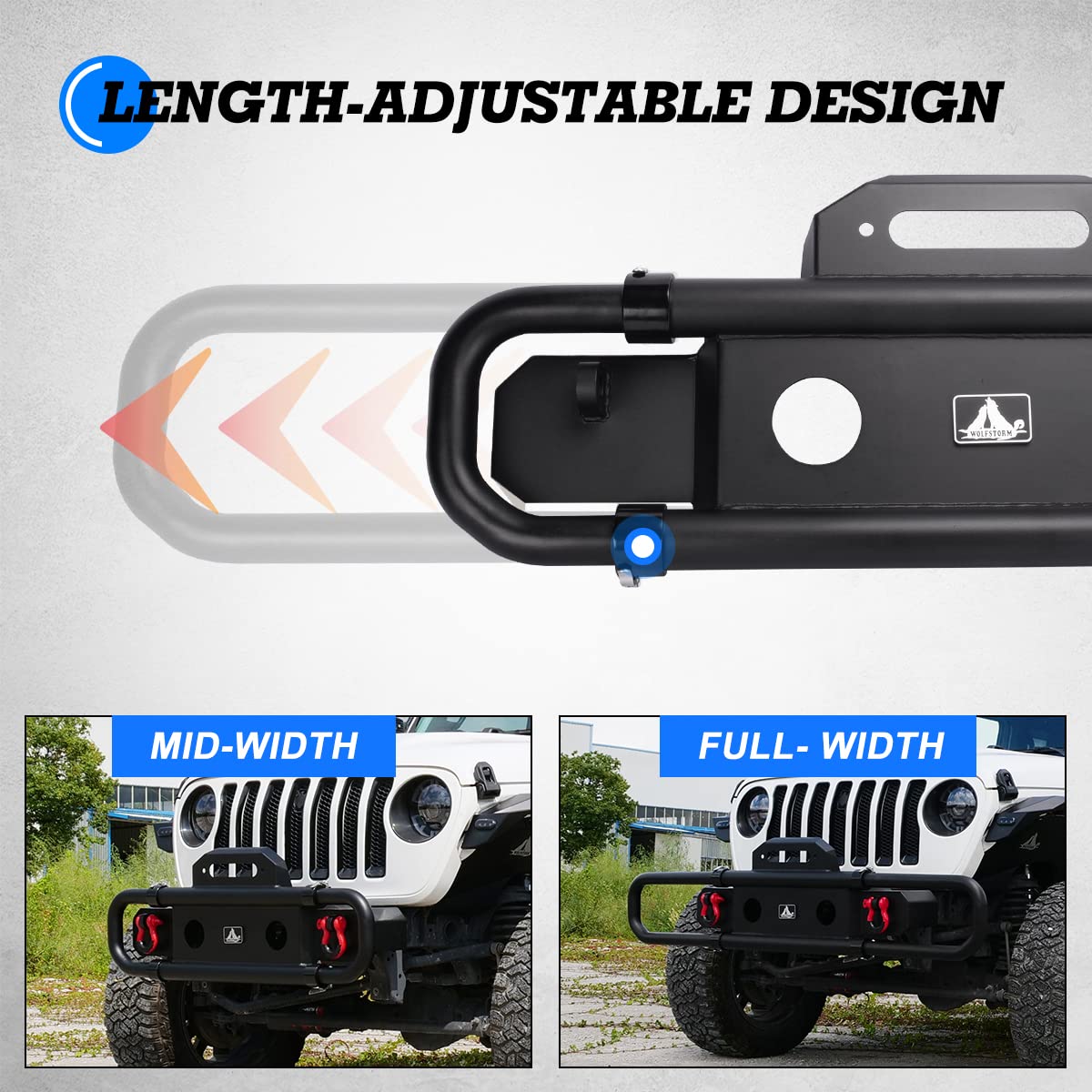 Front Bumper WolfX Fit For 2007-2018 Jeep Wrangler JK/JKU Retractable Front Bumper For 2018-2026 Jeep Wrangler JL/JLU, Steel Bumper For 2019-2026 Gladiator JT w/ 2 x D-Ring Shackles