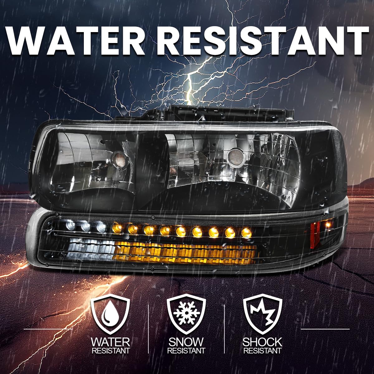 Black Headlights + LED Bumper Lights SPEC-D TUNING Compatible with 1999-2002 Chevy Silverado 2000-2006 Tahoe Suburban, Left + Right Pair Headlamps Assembly