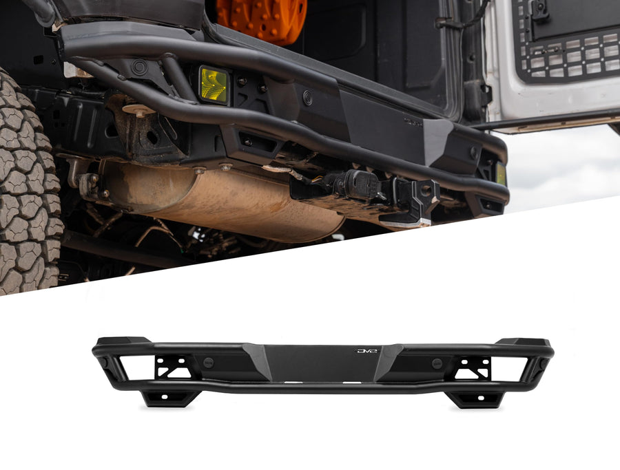 Rear Tube Bumper DV8 Offroad for 2021-2025 Ford Bronco | Sleek Prerunner Type Design | (2) 3" Pod Light Mounts | Durable Steel Construction | Micro-Texture Powder Coated Finish | Fully Bolt-On Design