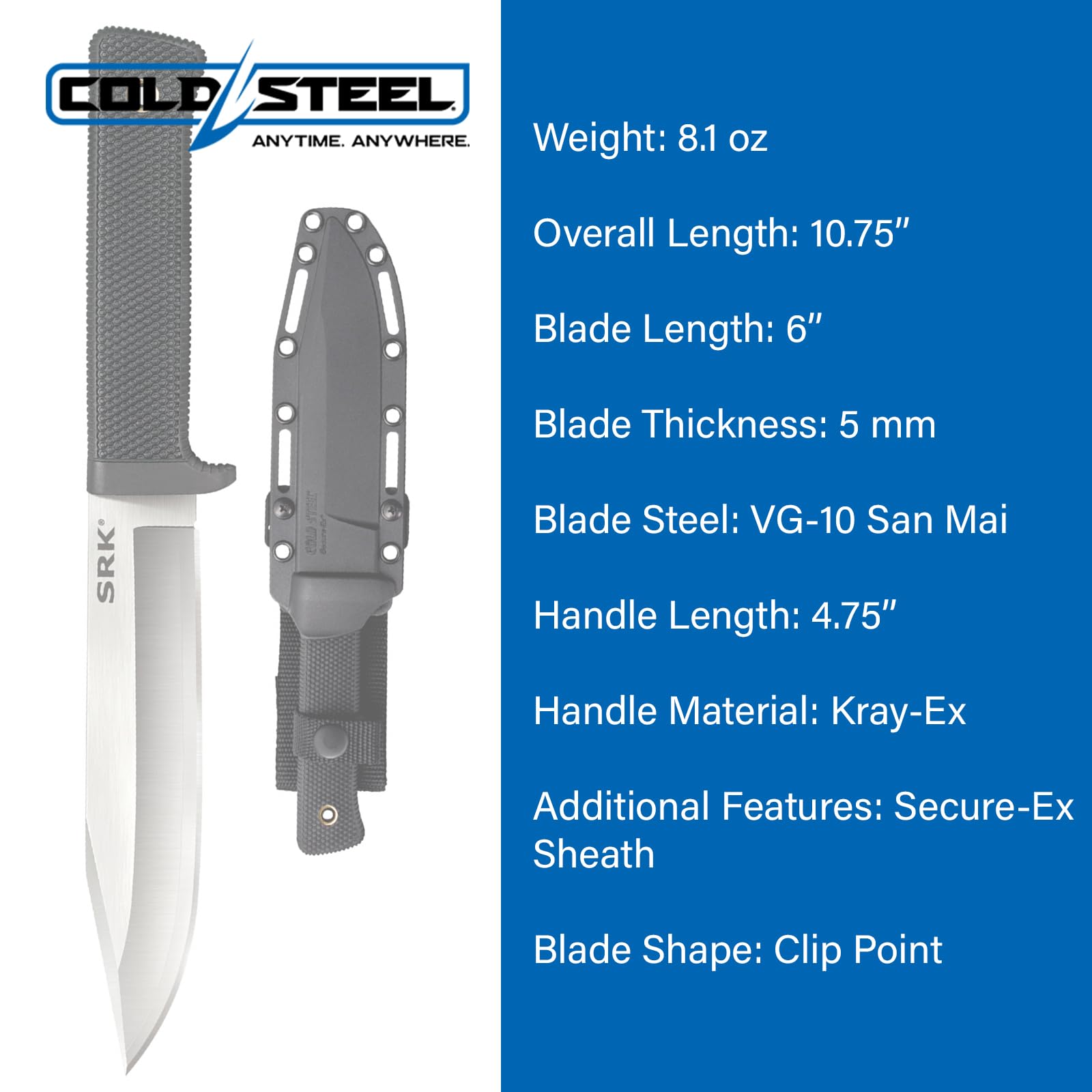 6" COLD STEEL SRK VG-10 San Mai Clip Point Razor-Sharp Blade 4.75" Kray-Ex Handle Tactical Fixed Blade Knife w/Secure-Ex Sheath