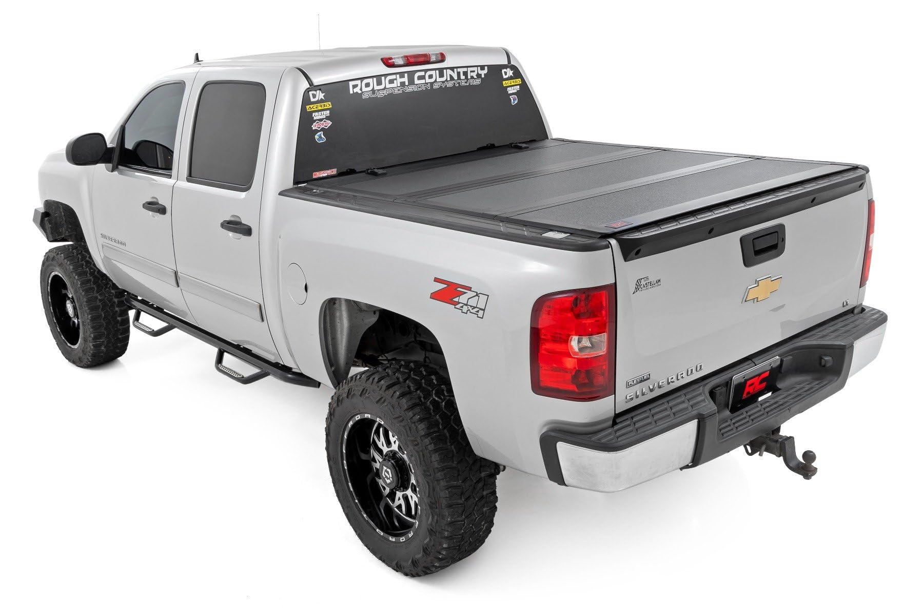 Rough Country Hard Tri-Fold Truck Bed Flip Up Tonneau Cover for Chevy Silverado and GMC Sierra 1500 (2007-2013) - Fits 5'9 (69.3") Bed with Rail Caps
