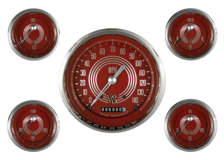 V8RS54SLC Classic Instruments V8 Red Steelie Five Gauge Set