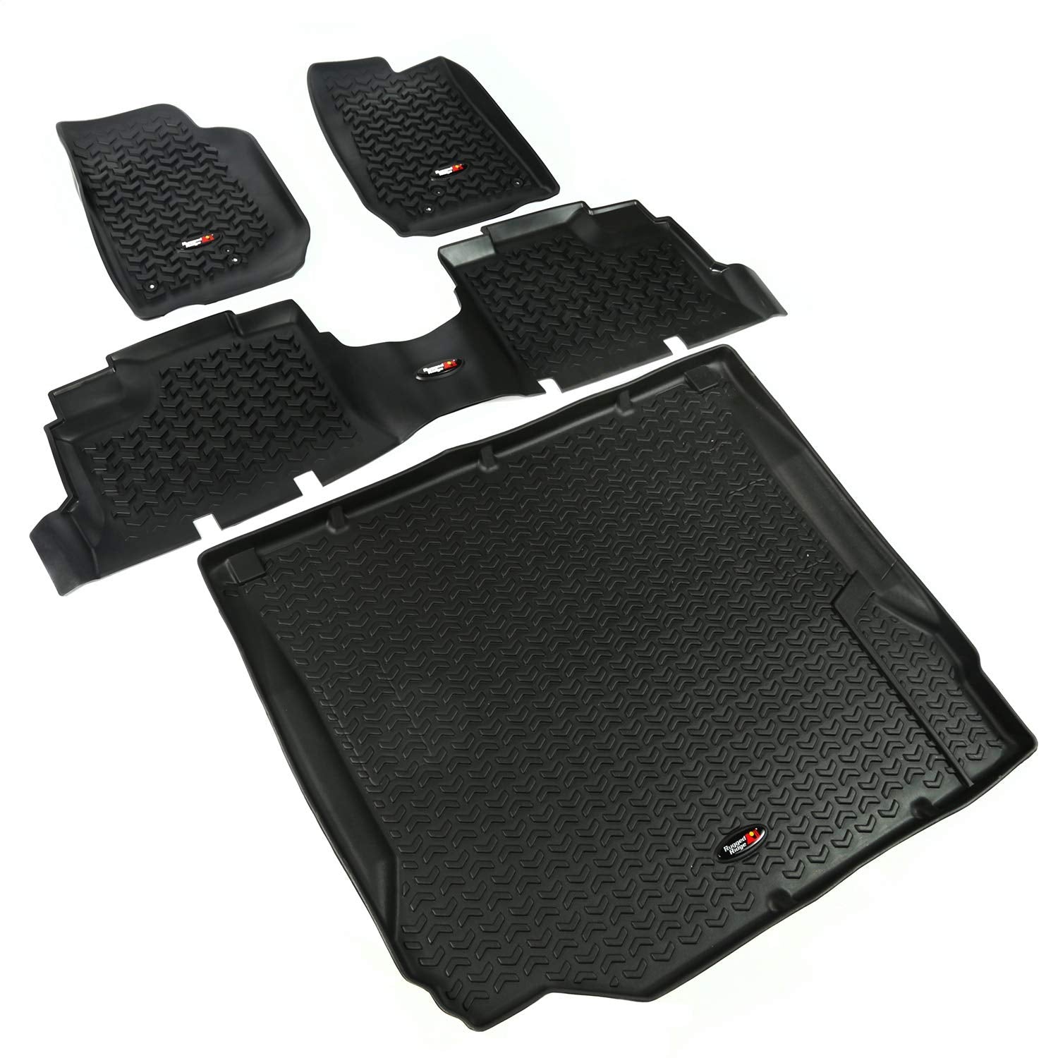 Floor Liner Set Rugged Ridge for Jeep Wrangler JKU | Front/Rear/Cargo, 4-Piece Set, All-Terrain, Black | 12988.01 | Fits 2007-2010 Jeep Wrangler JKU 4-Door