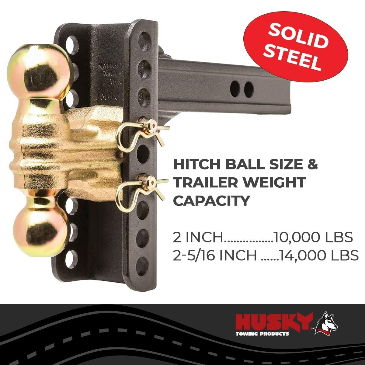 Trailer Hitch Ball Mount Husky Towing 33104 Class III/IV - Fits 2 Inch Receiver, Dual Hitch Ball 2” & 2-5/16”, 6” Drop / 5-1/4” Rise, 12” Solid Steel Shank, 14,000 lbs GTW, Black Powder Coated