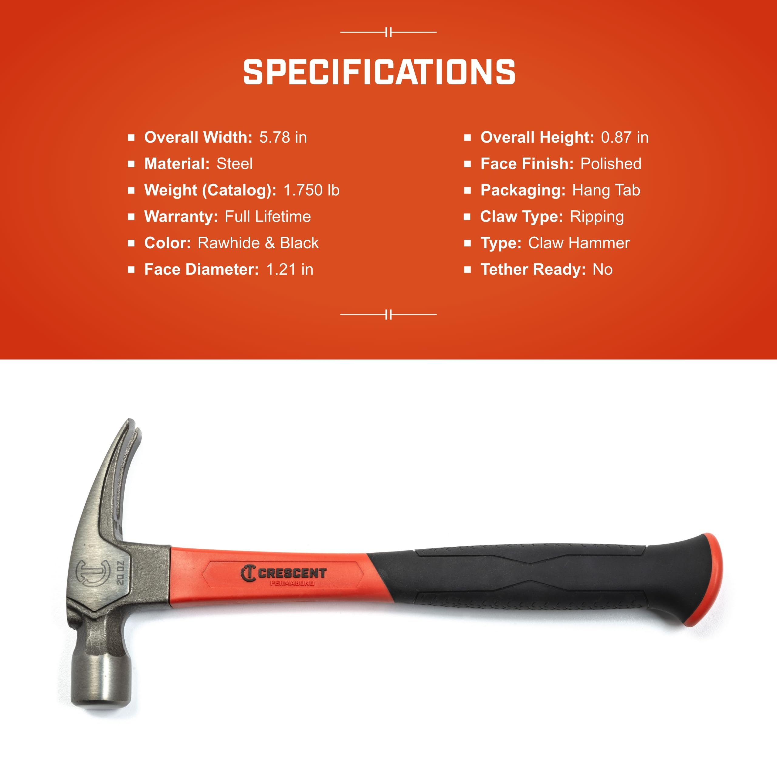 Hammer, Crescent - Fiberglass, REG, RIP, 20OZ, Tools (11418C-06)