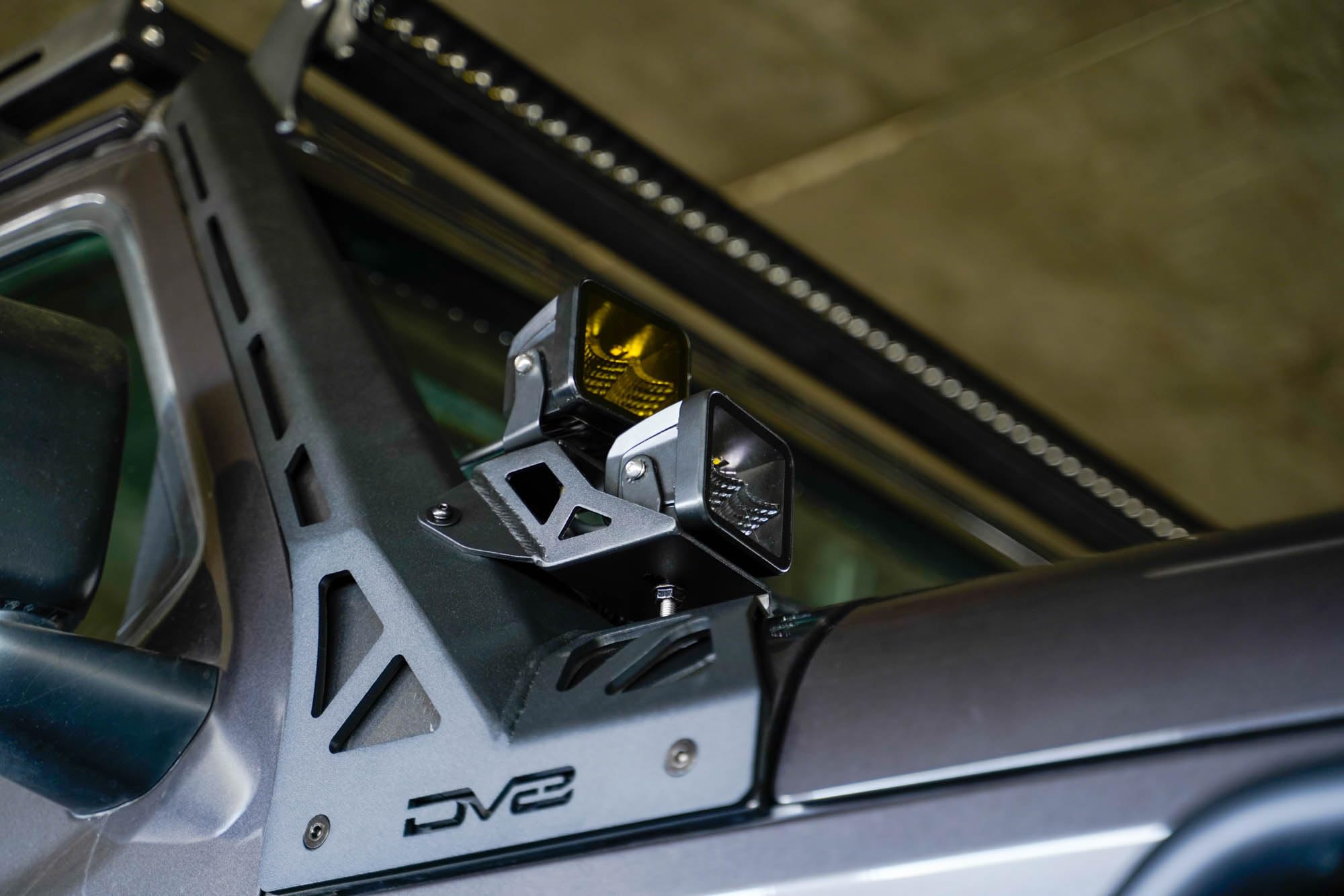 50" DV8 Offroad Light Bar Mount for 2018-2025 Jeep Wrangler JL & 2020-2025 Gladiator JT | Optional 3" Pod Light Mounts | Sleek Low-Profile Design | Black Powder Coat (A-Pillar Dual Light Pod Mounts)