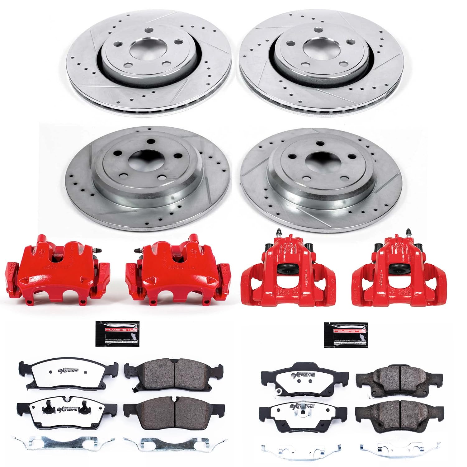 Power Stop Z36 KC5952-36 Front and Rear Truck & Tow Brake Kit with Red Calipers Brake Rotors Ceramic Pads For 2011-2017 Durango | 2011-2016 Grand Cherokee [330mmFfront Rotors; Solid Rear Rotors]