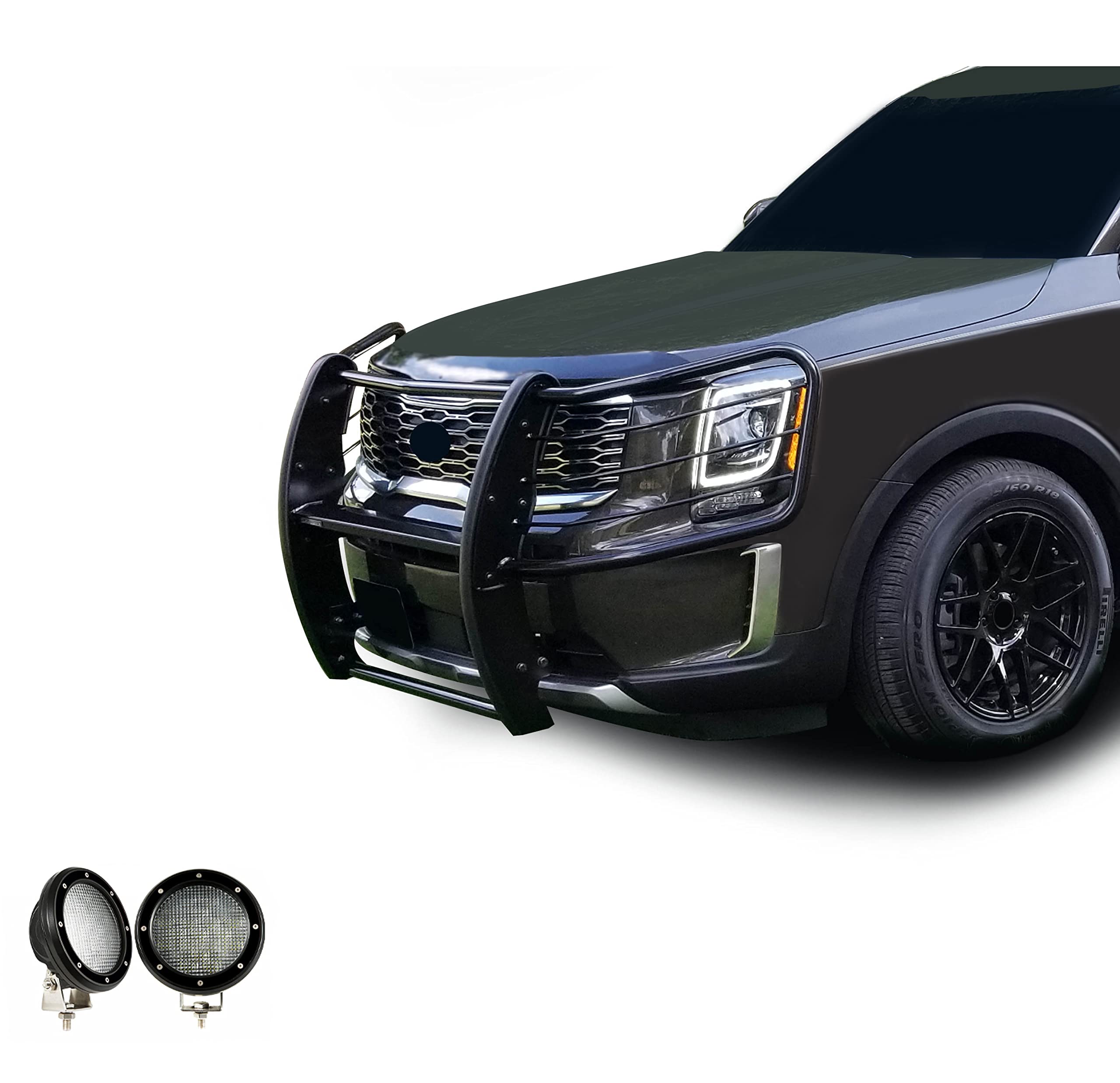Grille Brush Black Horse Bumper Guard Modular Black Come with Pair of 5.3" Dia.LED Lights with Black Trim Rings Compatible with 2020-2024 Kia Telluride-17KI01MA-PLFB