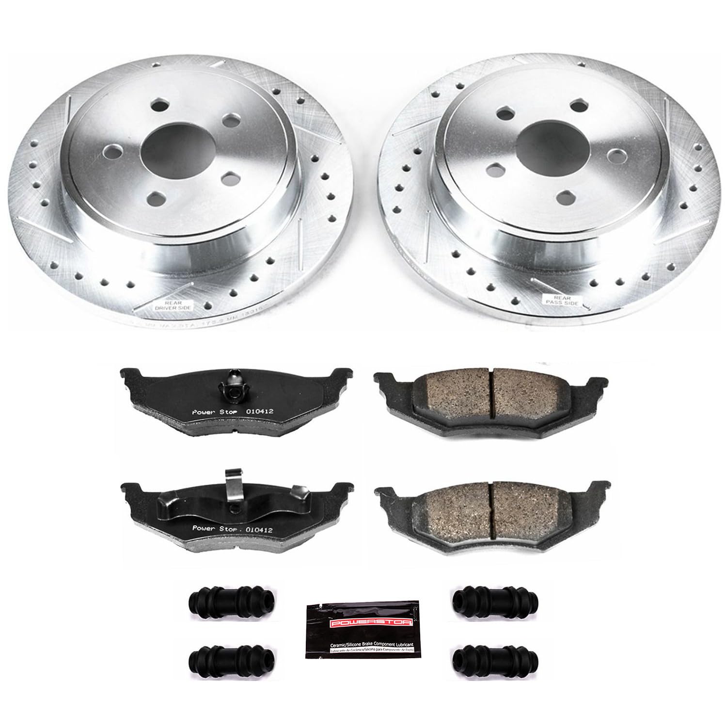Rear Power Stop K1709 Z23 Carbon Fiber Brake Pads with Drilled & Slotted Brake Rotors Kit For Chrysler PT Cruiser 2003-2010, Dodge Neon 2003-2005 [Model Specific]