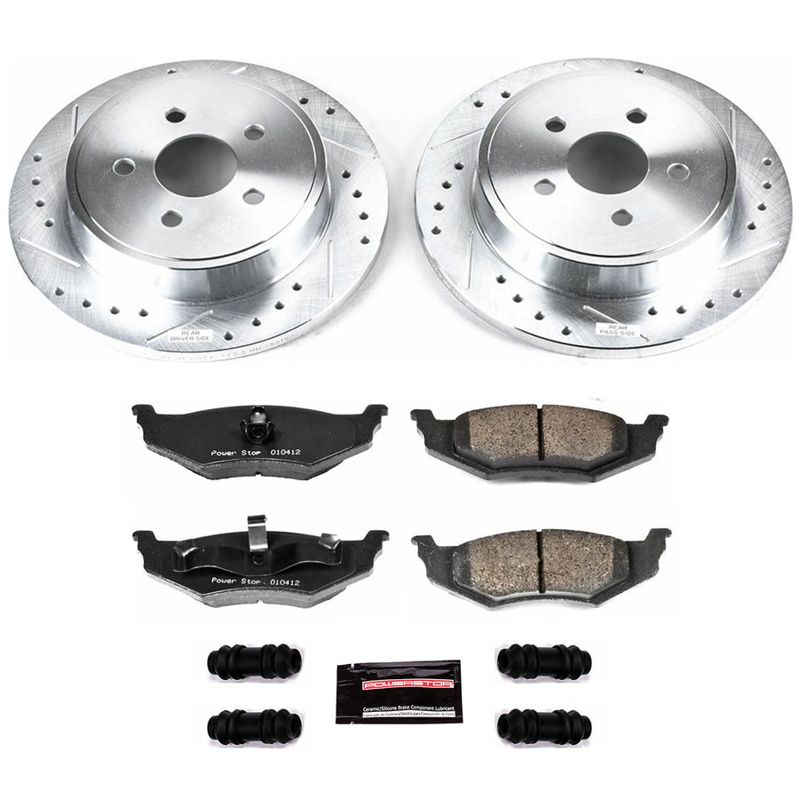 Rear Power Stop K1709 Z23 Carbon Fiber Brake Pads with Drilled & Slotted Brake Rotors Kit For Chrysler PT Cruiser 2003-2010, Dodge Neon 2003-2005 [Model Specific]