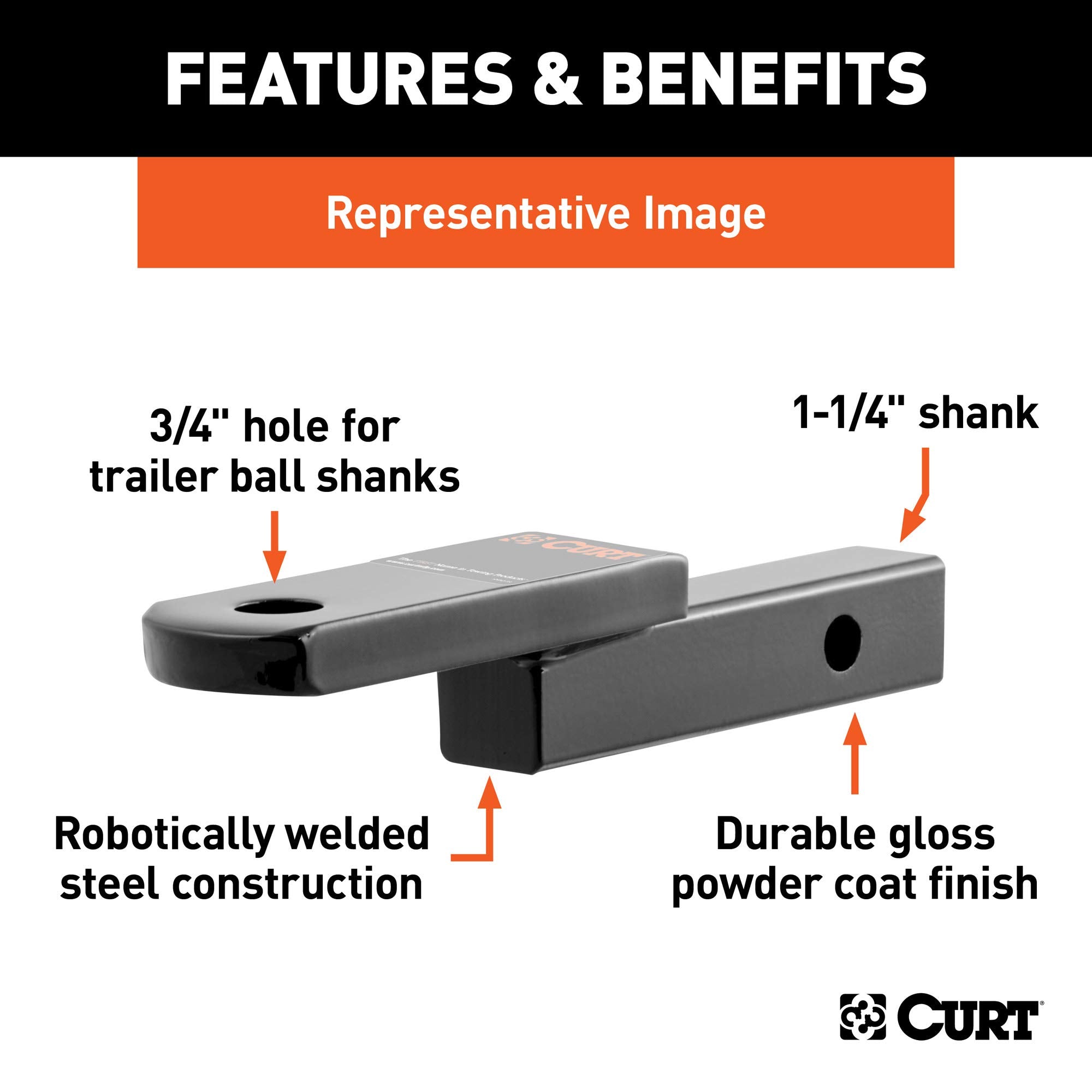 CURT Class 2 Trailer Hitch Ball Mount 45519, Fits 1-1/4-Inch Receiver, 3,500 lbs, 3/4-Inch Hole, 1-1/4-In Drop, 3/4" Rise