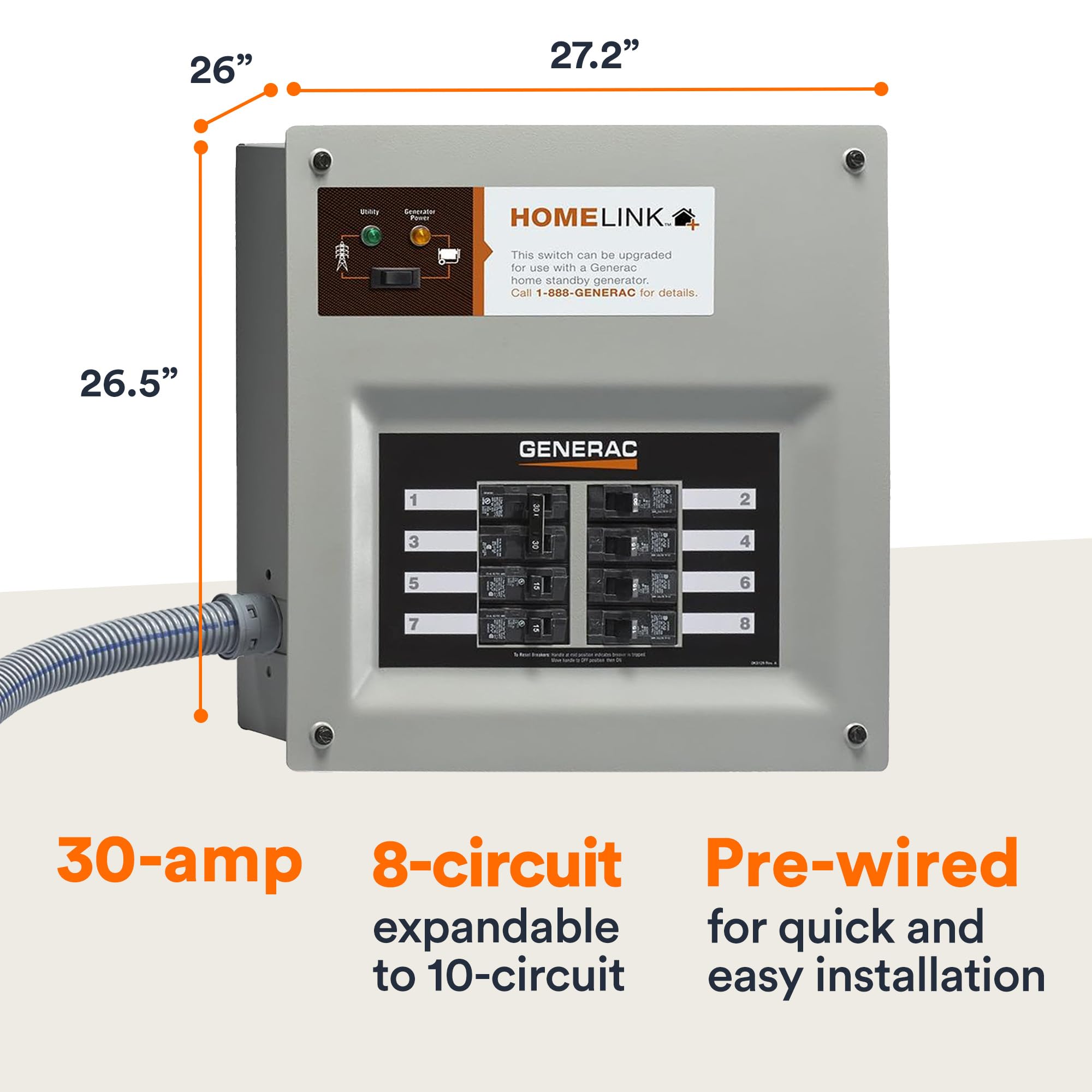30 Amp Generac HomeLink Upgradeable Transfer Switch Kit - Convenient and Reliable Power Solution for Homes - 10' Cord and Aluminum Power Inlet Box