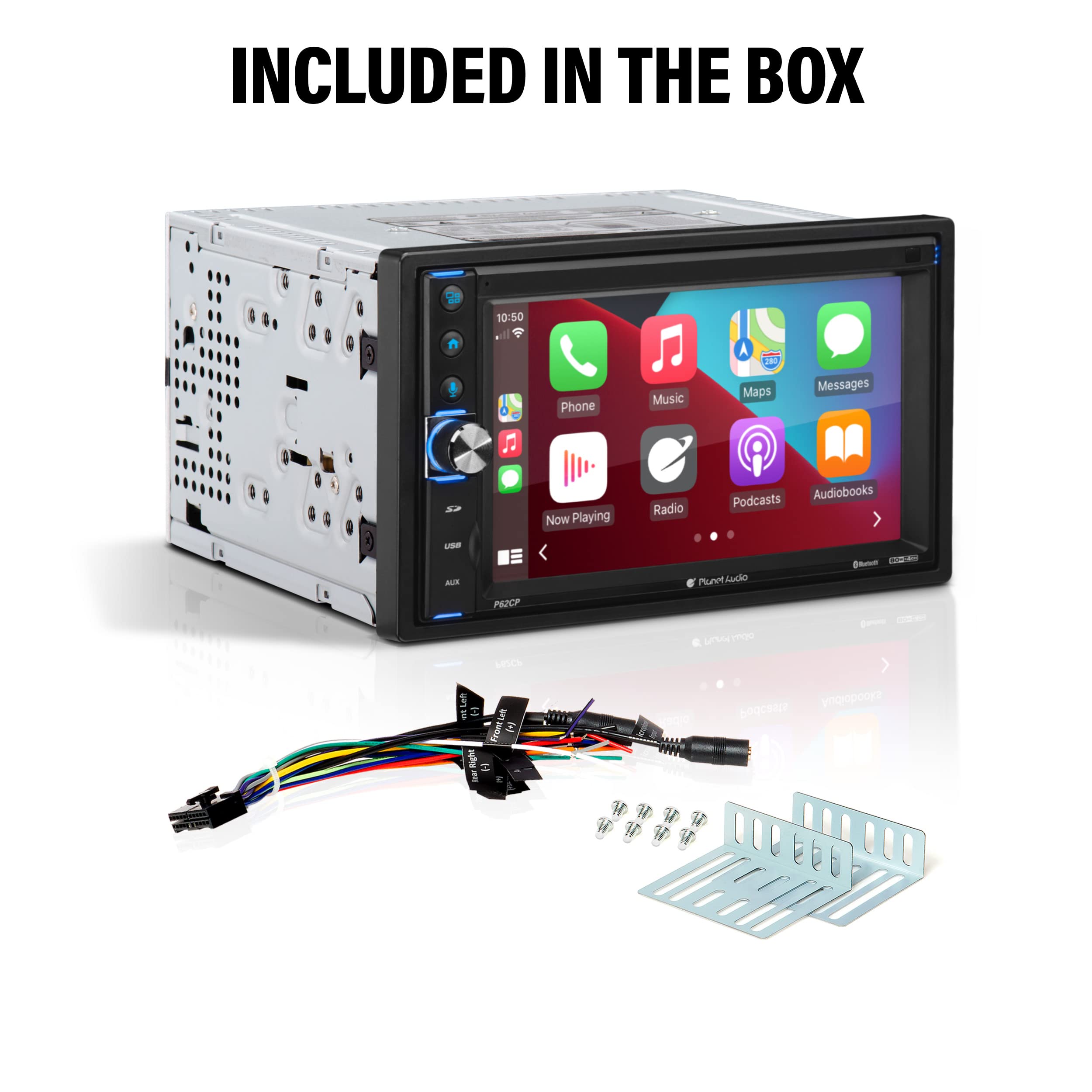P62CP Planet Audio Car Audio Stereo System - Apple CarPlay, 6.2 Inch Double Din, Touchscreen, Bluetooth Audio and Hands-Free Calling, USB, SD, AM/FM Radio Receiver, No CD Player