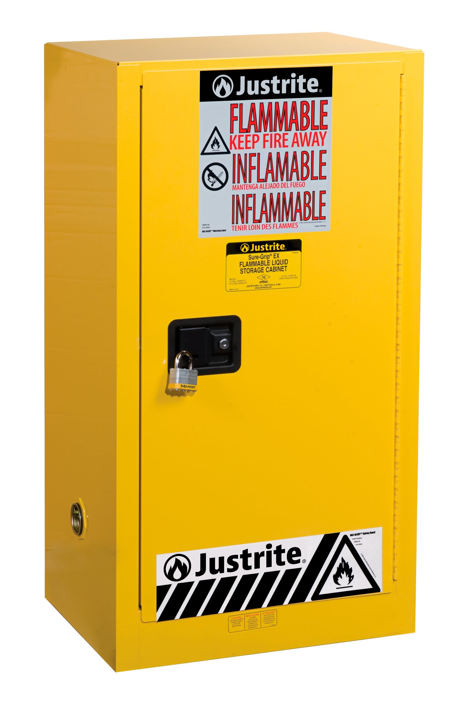 20 Gallon Justrite Self Close Paint and Ink Safety Cabinet, 18 Gauge Steel, 2 Shelves, 23" x 44" x 18", 1 Door Combustibles Cabinet, Made in The USA, Yellow, 891530