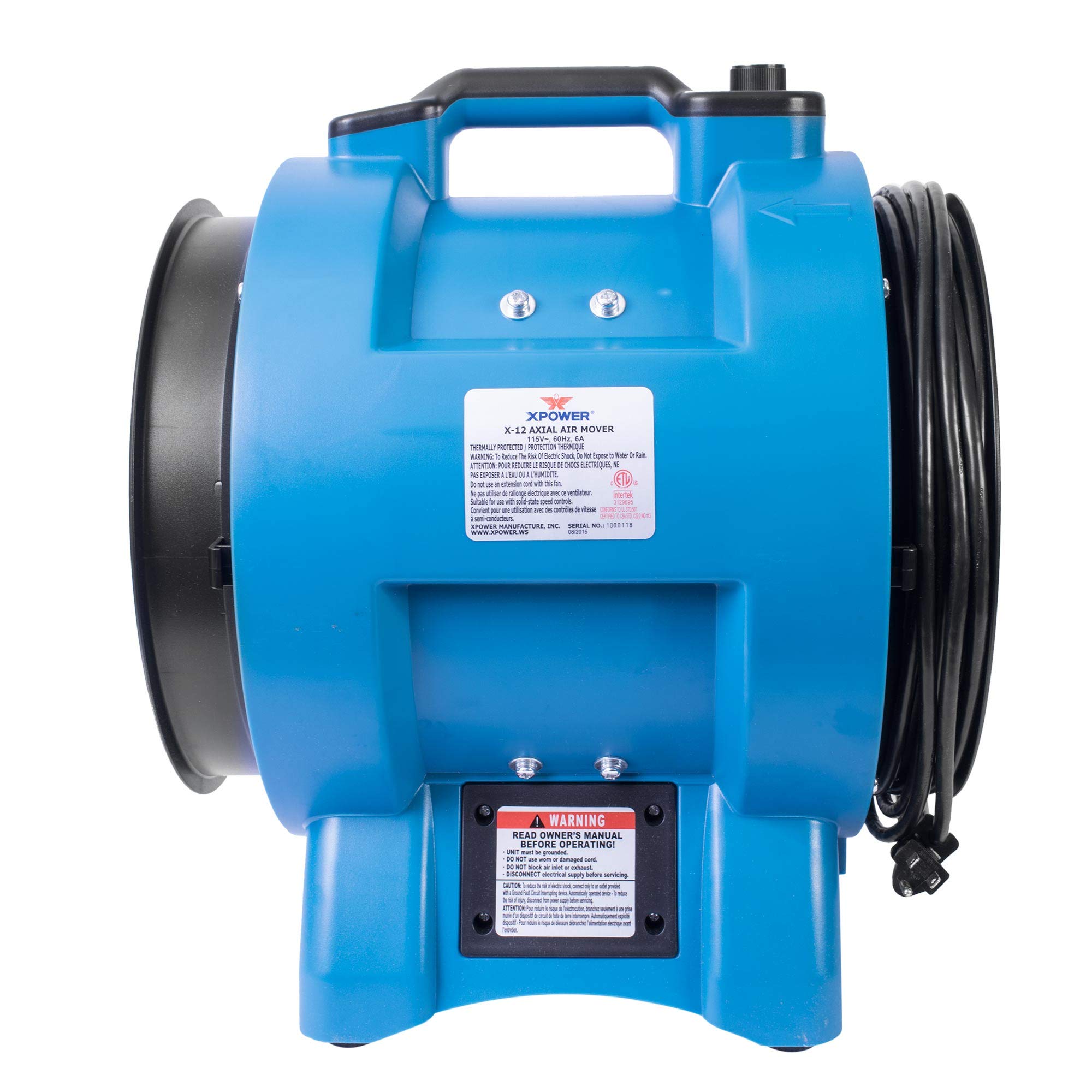 XPOWER Industrial Blower X-12 Confined Space Ventilation Fan — 12” Portable Utility Exhaust Fan for Corn Mill, Manhole, Sewage Systems, 1/2 HP — Blue