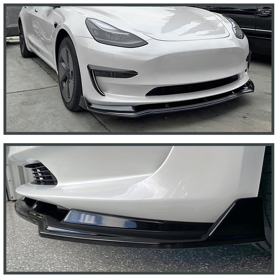 Glossy Black Spec-D Tuning Front Bumper Body Lip Kit Spoiler 3PC Compatible with 2017-2020 Tesla Model 3 Sedan