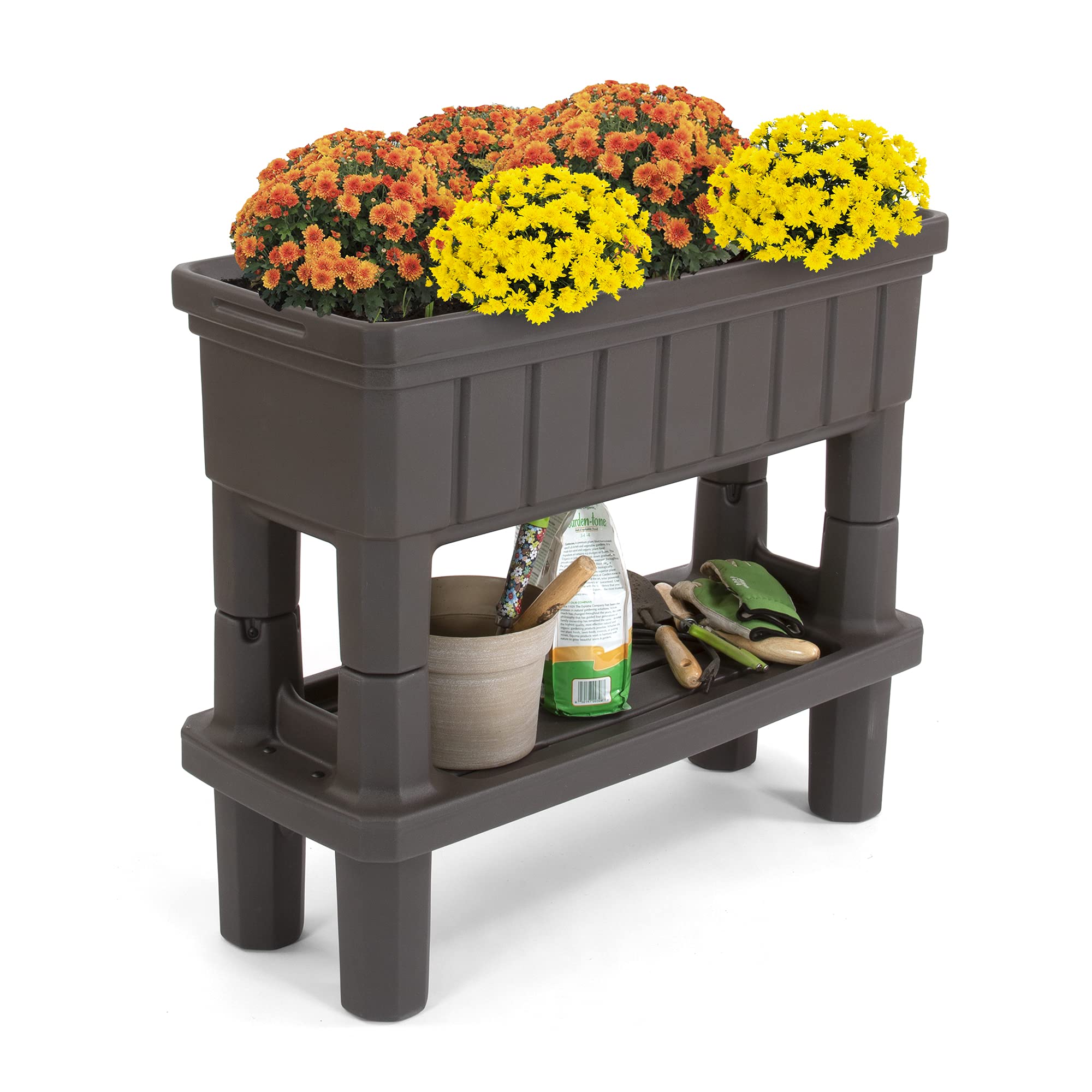 Simplay3 Raised Garden Bed American Home Outdoor Planter with Garden Tools Storage Shelf, 36" L x 30" H Garden Bed, Dark Brown