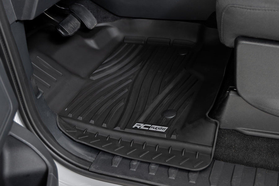 Flex-Fit Rough Country Floor Mats for Ford F-150 (2015-25)/F-150 Lightning (2022-25)/Raptor (2017-25) Crew Cab - Front & Rear Set, All-Weather Non-Slip TPE Liners w/Spill Saver Lip