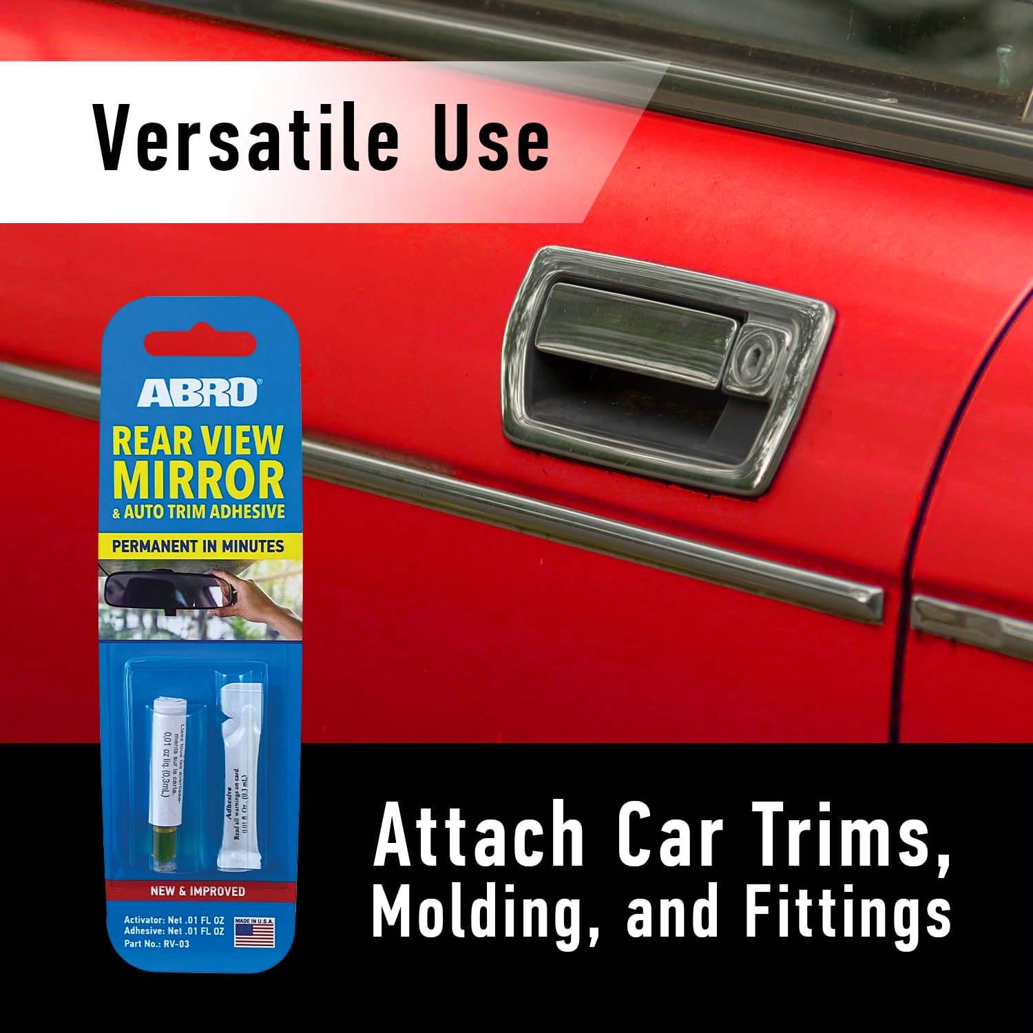 ABRO Adhesive Rear View Mirror, Two-Step Application, Ultra-Strong Permanent Bond, Ideal for Auto Trim Attachment, Quick-Set Solution for Mirrors, Trim, and Moldings