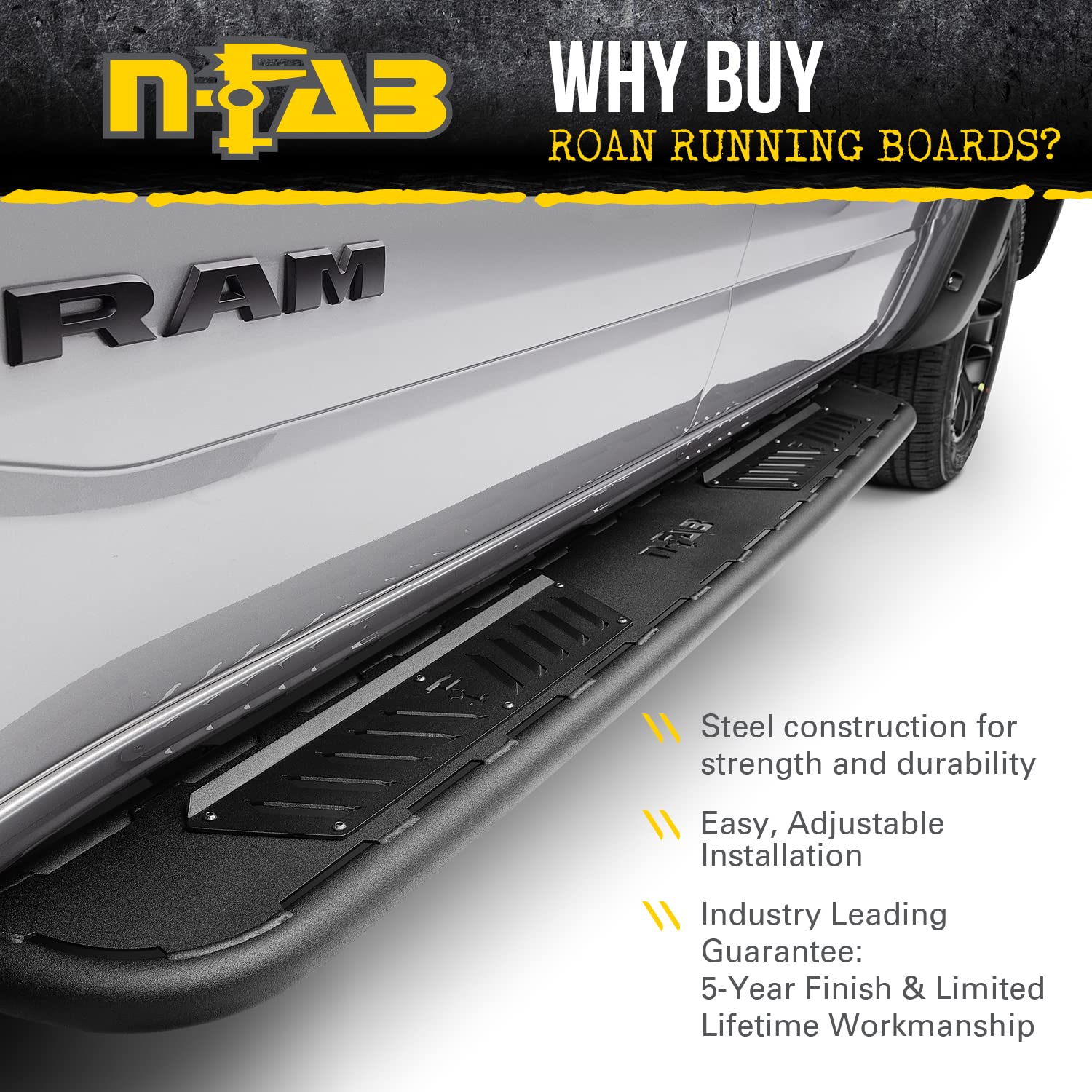 Roan Running Boards RealTruck for Ford F-150/F-250/F-350 | Cab Length, Extra Large 5.5" Step Plate, Textured Black | NBF15CC-TX | Fits 2015-2023 Ford F-150, 2017-2020 F-250/F-350/F-450 Crew & Others