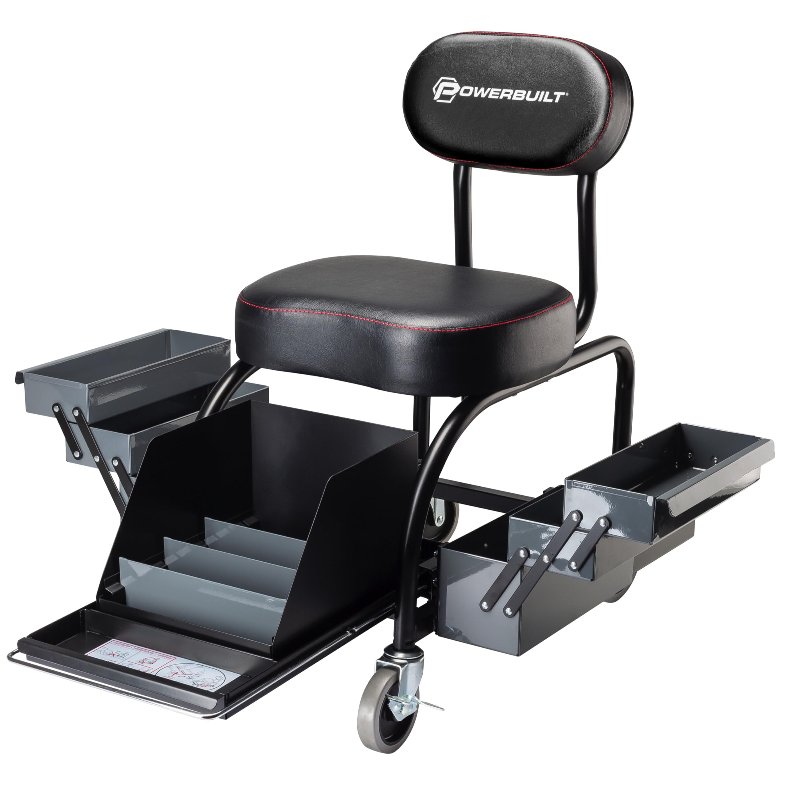 Powerbuilt Professional Roller Seat Mechanics, Heavy Duty Padded Detailer Seat and Backrest, Sliding Storage Drawers, Tool Tray, Can Holders, 4-Inch Swivel Wheels