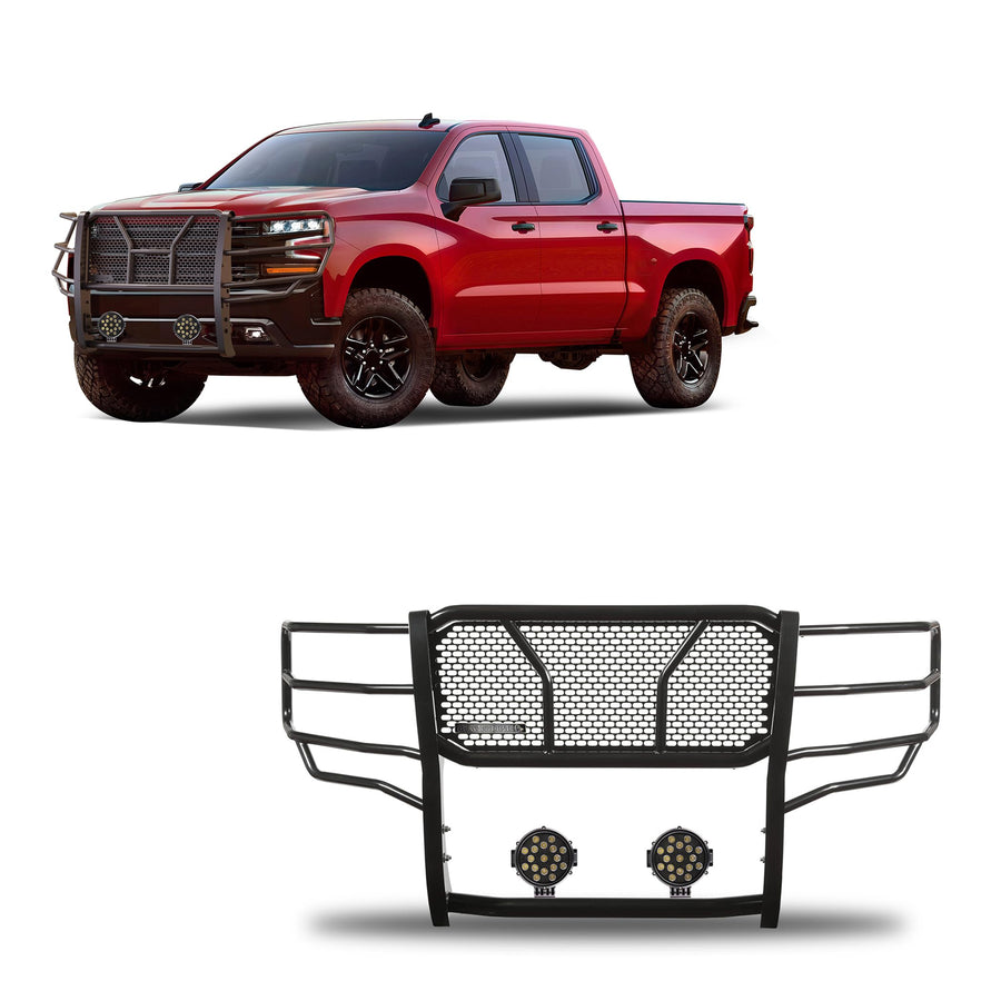 Heavy Duty Black Horse Rugged Grille Brush Bumper Guard Modular Black Come with Pair of 7.0" Dia.LED Lights with Black Trim Rings Compatible with 2019-2024 Chevrolet Silverado 1500-RU-CHSI19-B-PLB